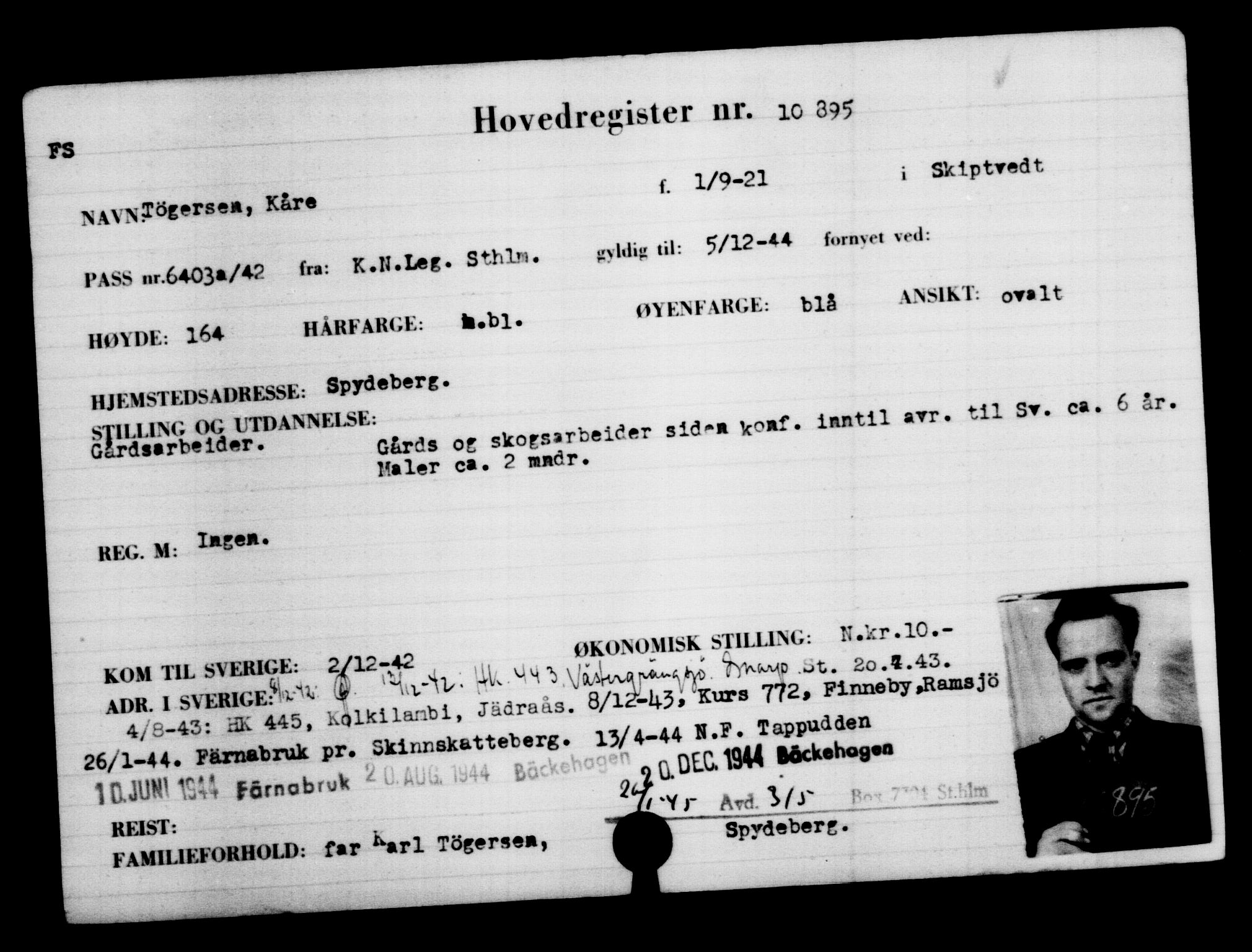 Utenriksstasjonene, Legasjonen i Stockholm, Flyktningkontoret, AV/RA-S-6753/V/Va/L0006: Kjesäterkartoteket, flyktninger med registreringsnr. 9400-12711, 1940-1945, p. 1713