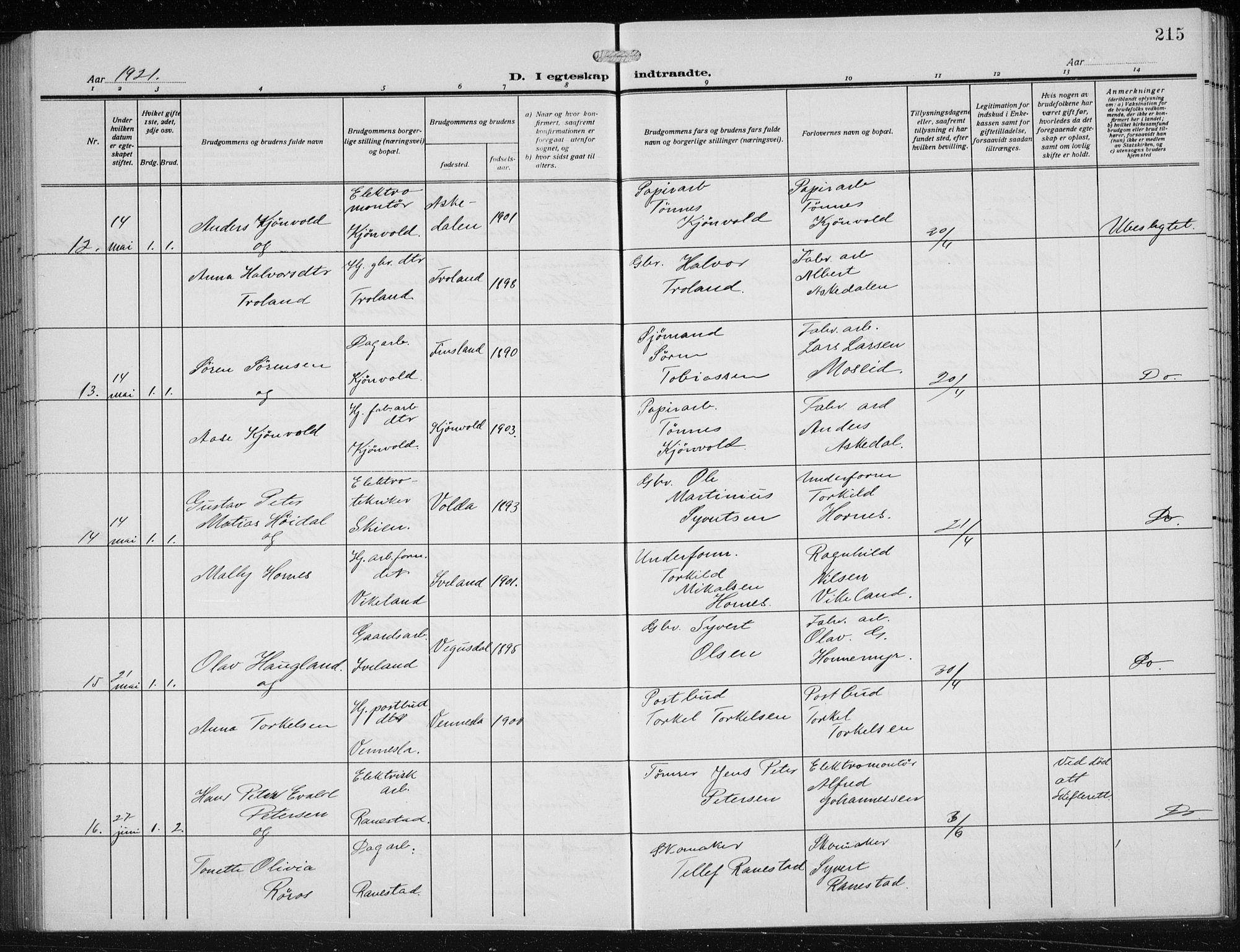 Vennesla sokneprestkontor, SAK/1111-0045/Fb/Fbb/L0006: Parish register (copy) no. B 6, 1914-1921, p. 215