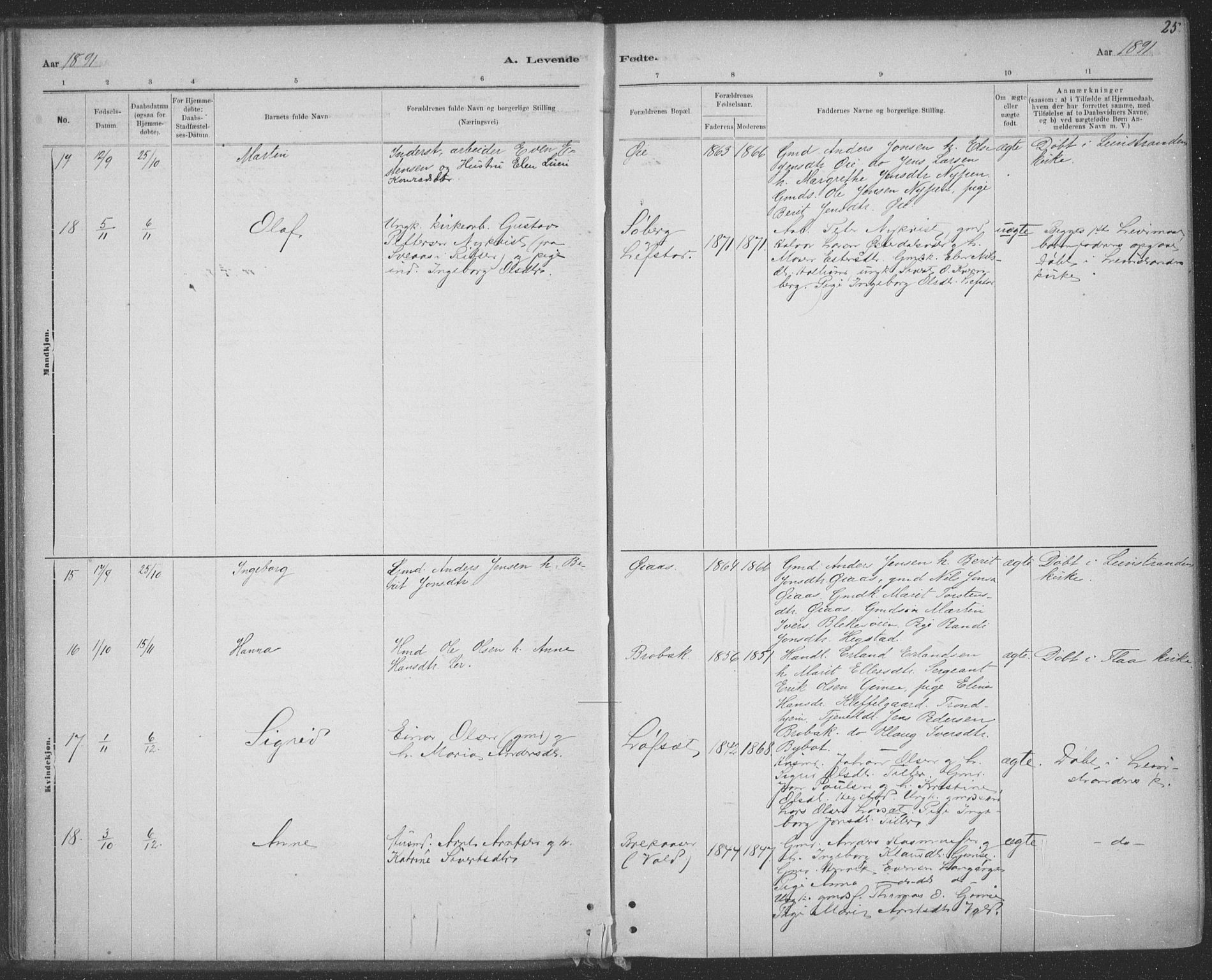Ministerialprotokoller, klokkerbøker og fødselsregistre - Sør-Trøndelag, SAT/A-1456/691/L1085: Parish register (official) no. 691A17, 1887-1908, p. 25