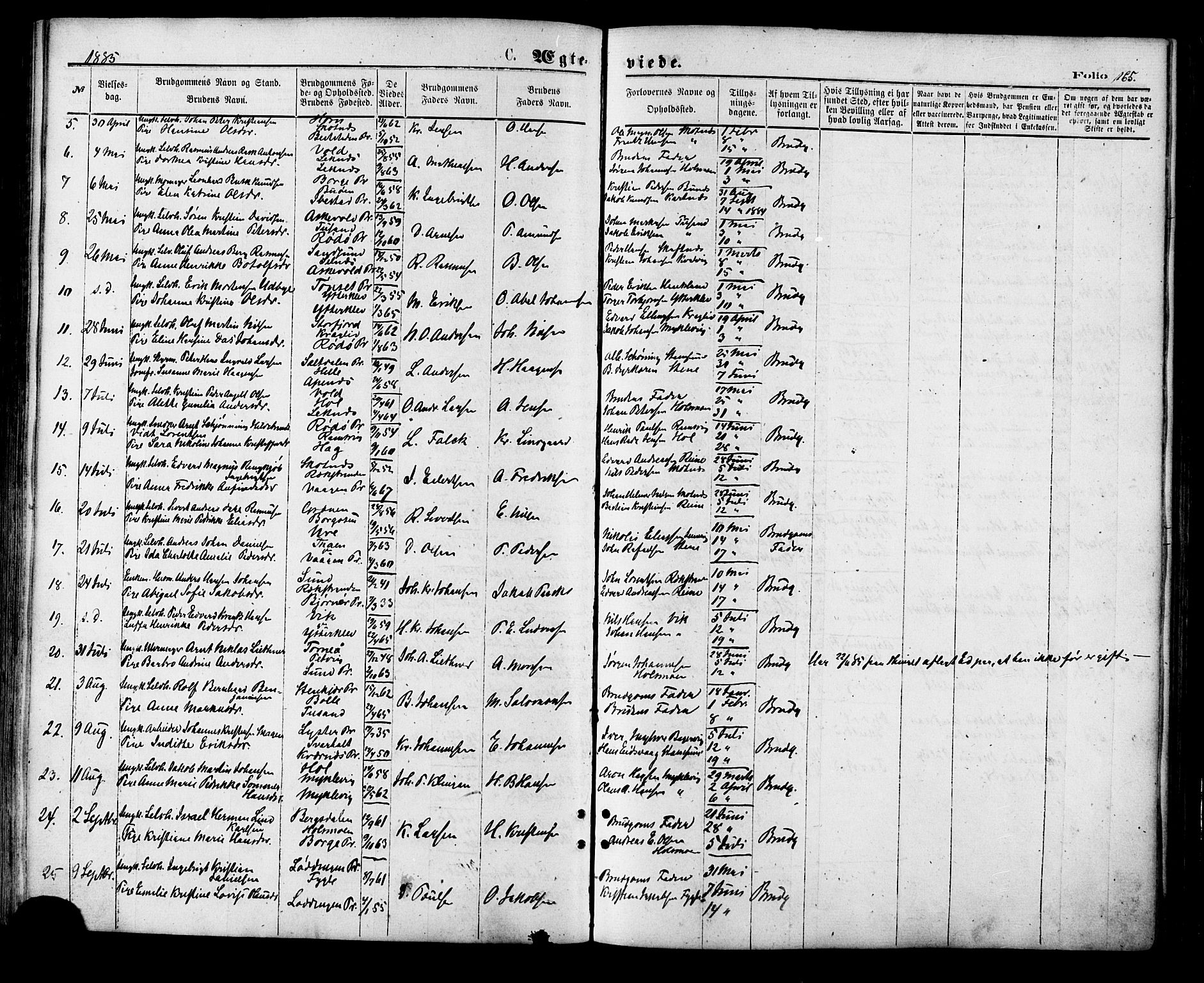 Ministerialprotokoller, klokkerbøker og fødselsregistre - Nordland, SAT/A-1459/881/L1166: Parish register (copy) no. 881C03, 1876-1885, p. 165