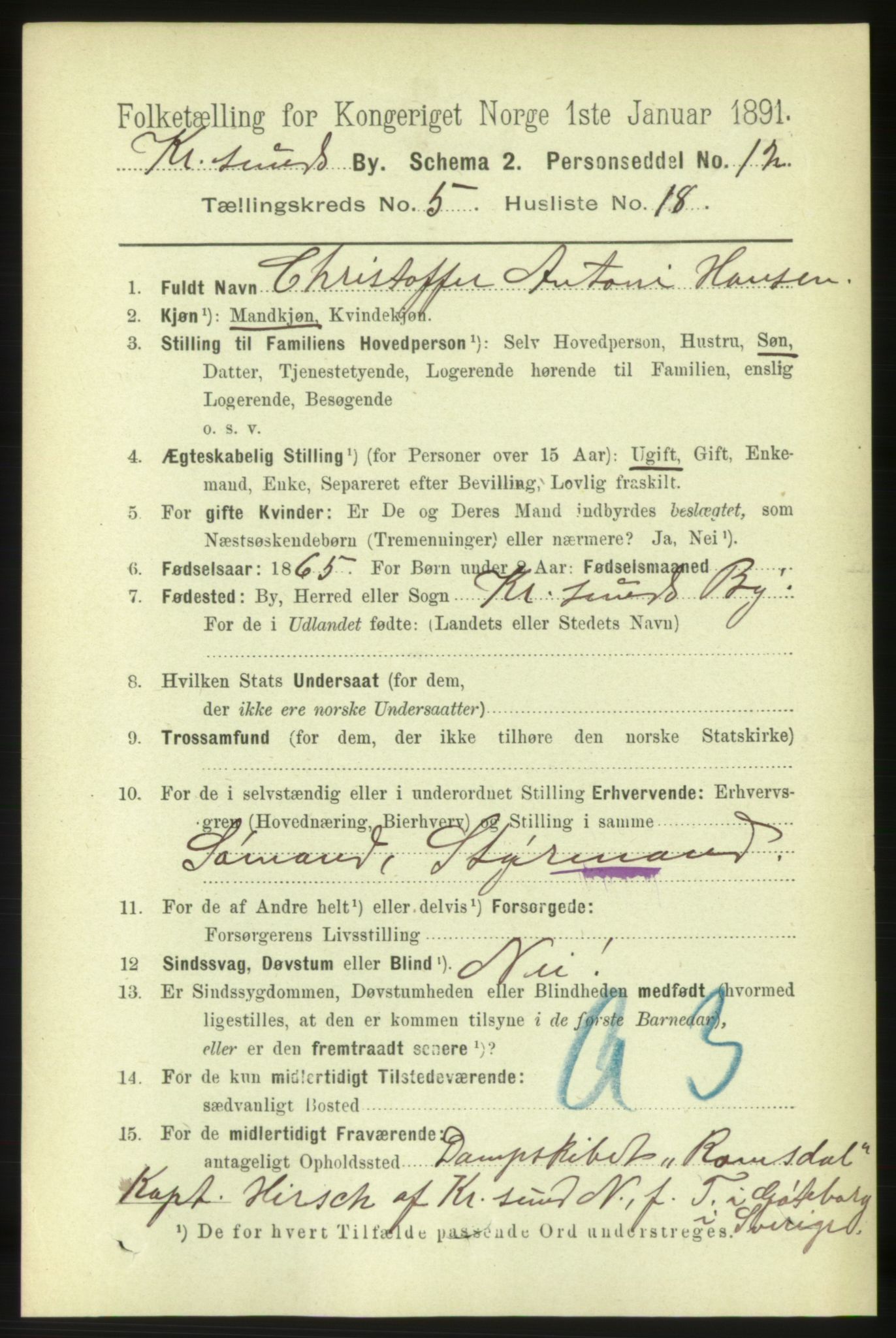 RA, 1891 census for 1503 Kristiansund, 1891, p. 4535