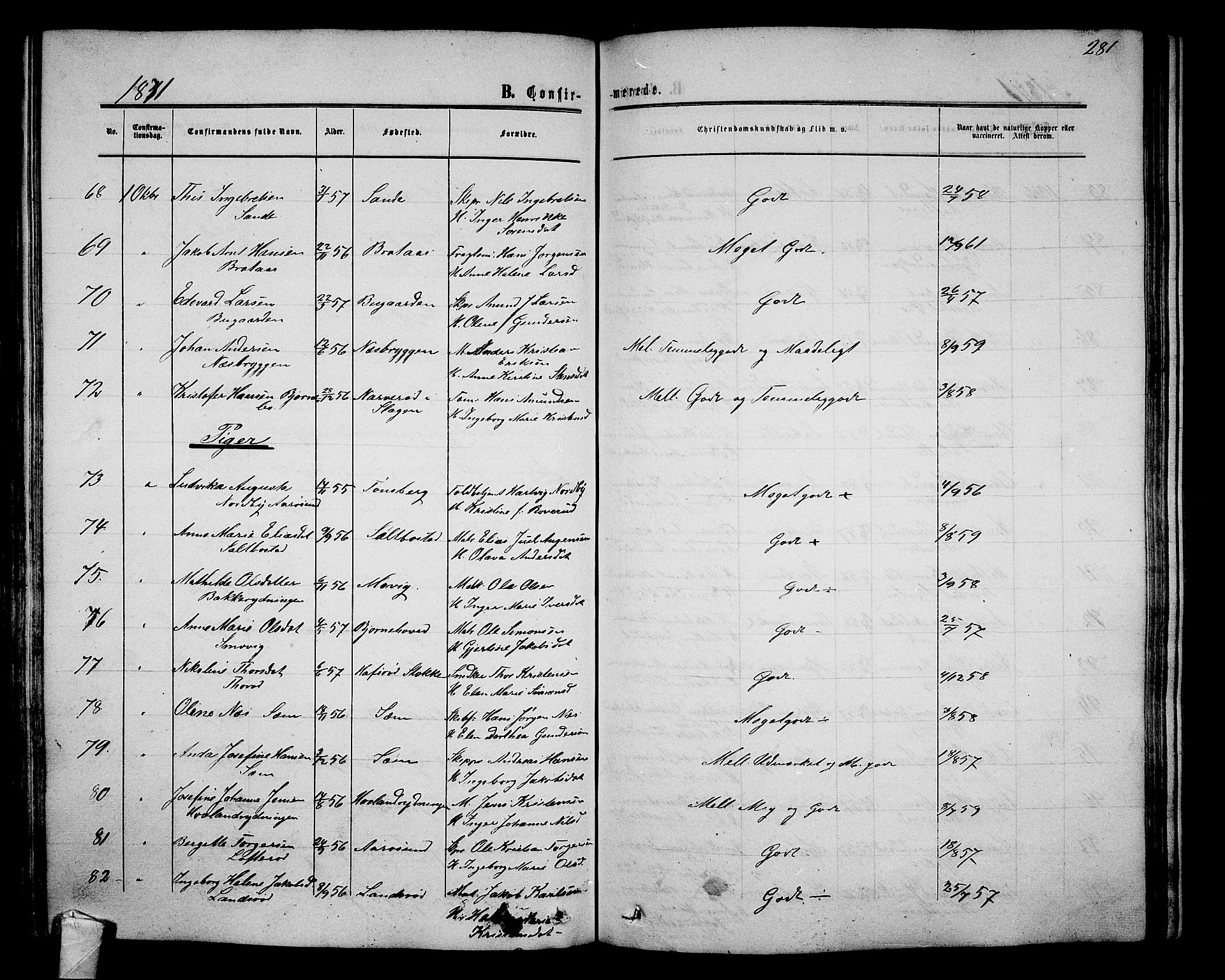 Nøtterøy kirkebøker, AV/SAKO-A-354/G/Ga/L0002: Parish register (copy) no. I 2, 1860-1877, p. 281