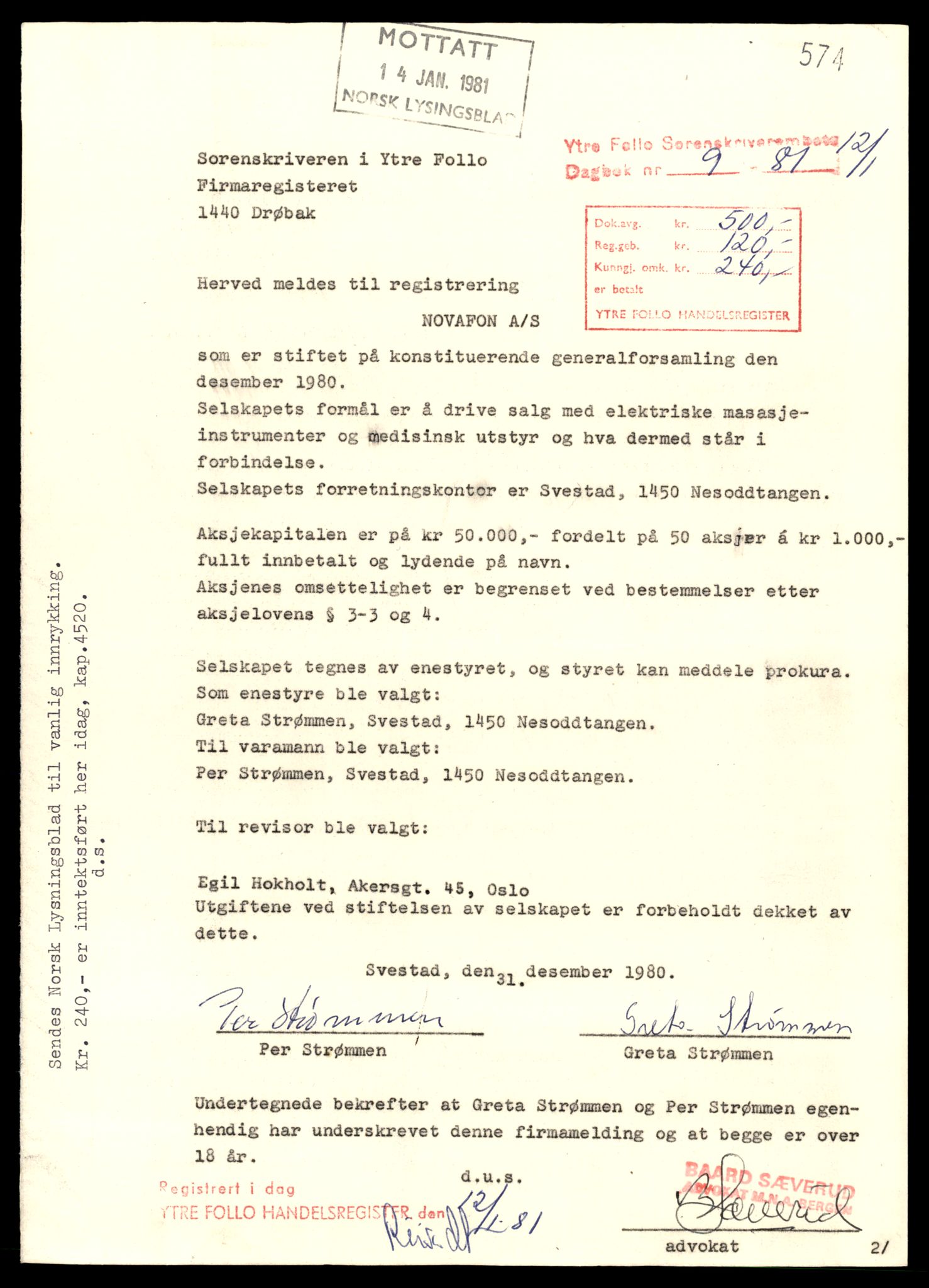 Ytre Follo tingrett, AV/SAT-A-10177/K/Kb/Kba/L0019: Aksjeselskap, Nov - Po, 1890-1989, p. 1