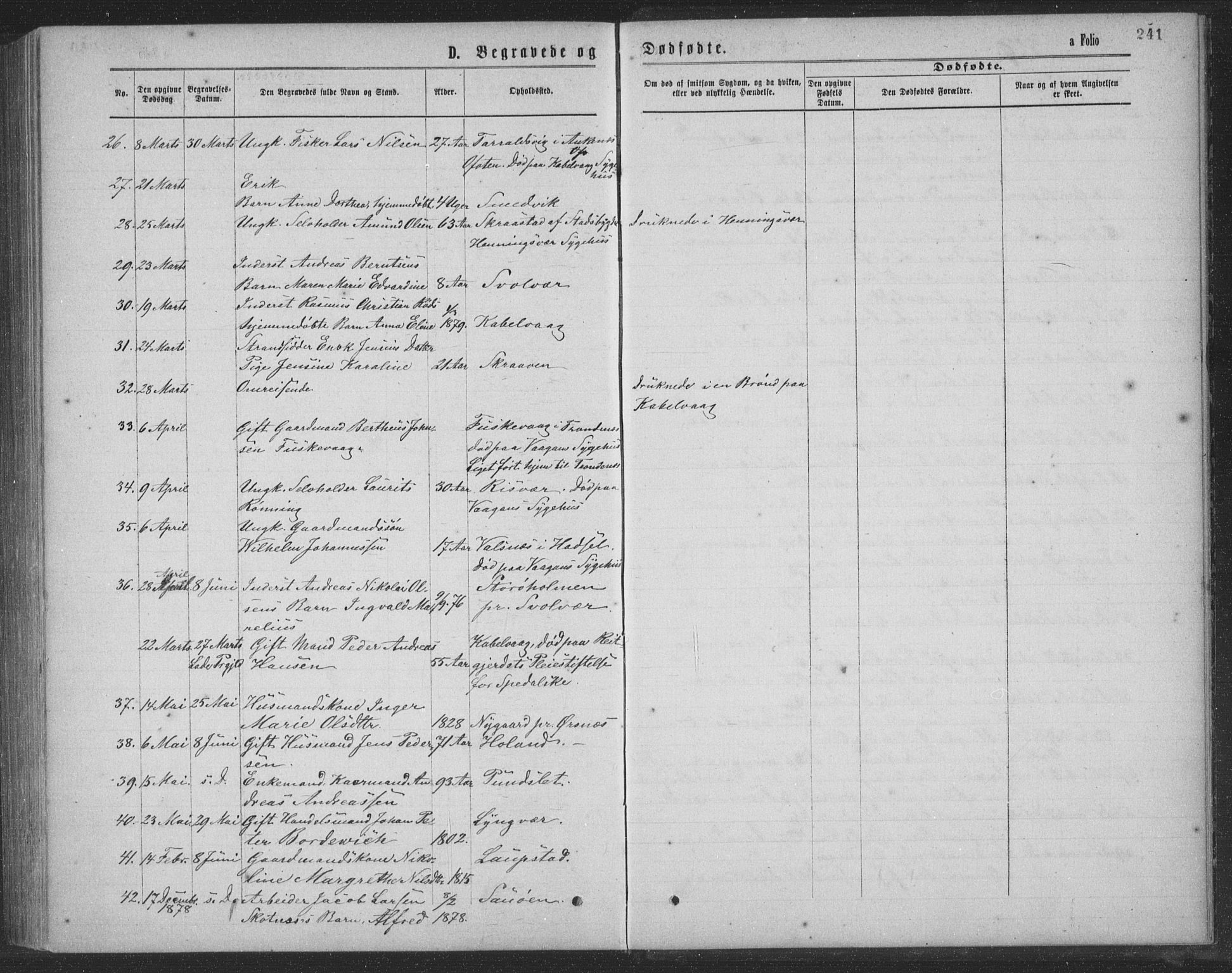 Ministerialprotokoller, klokkerbøker og fødselsregistre - Nordland, AV/SAT-A-1459/874/L1075: Parish register (copy) no. 874C04, 1876-1883, p. 241