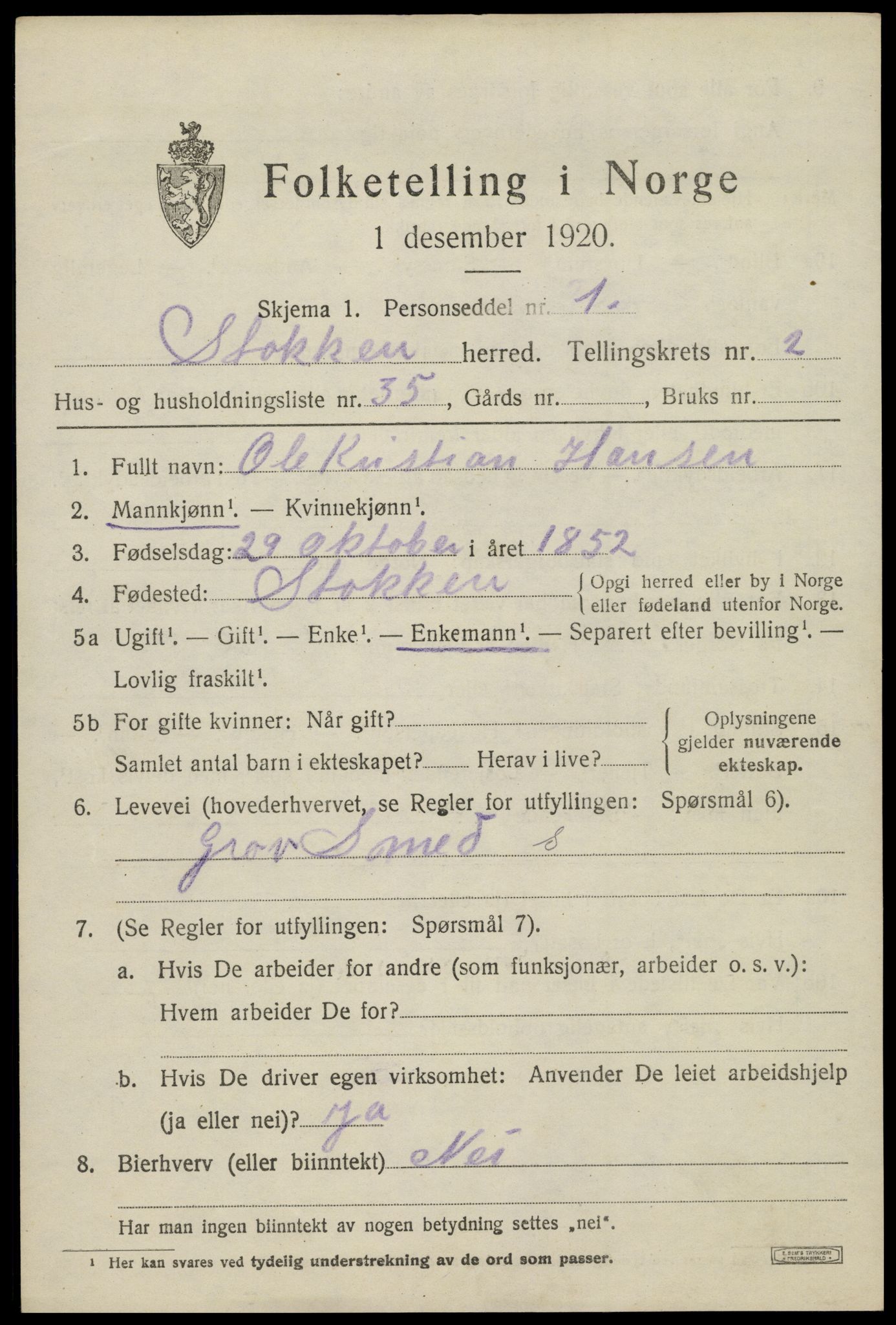 SAK, 1920 census for Stokken, 1920, p. 1902