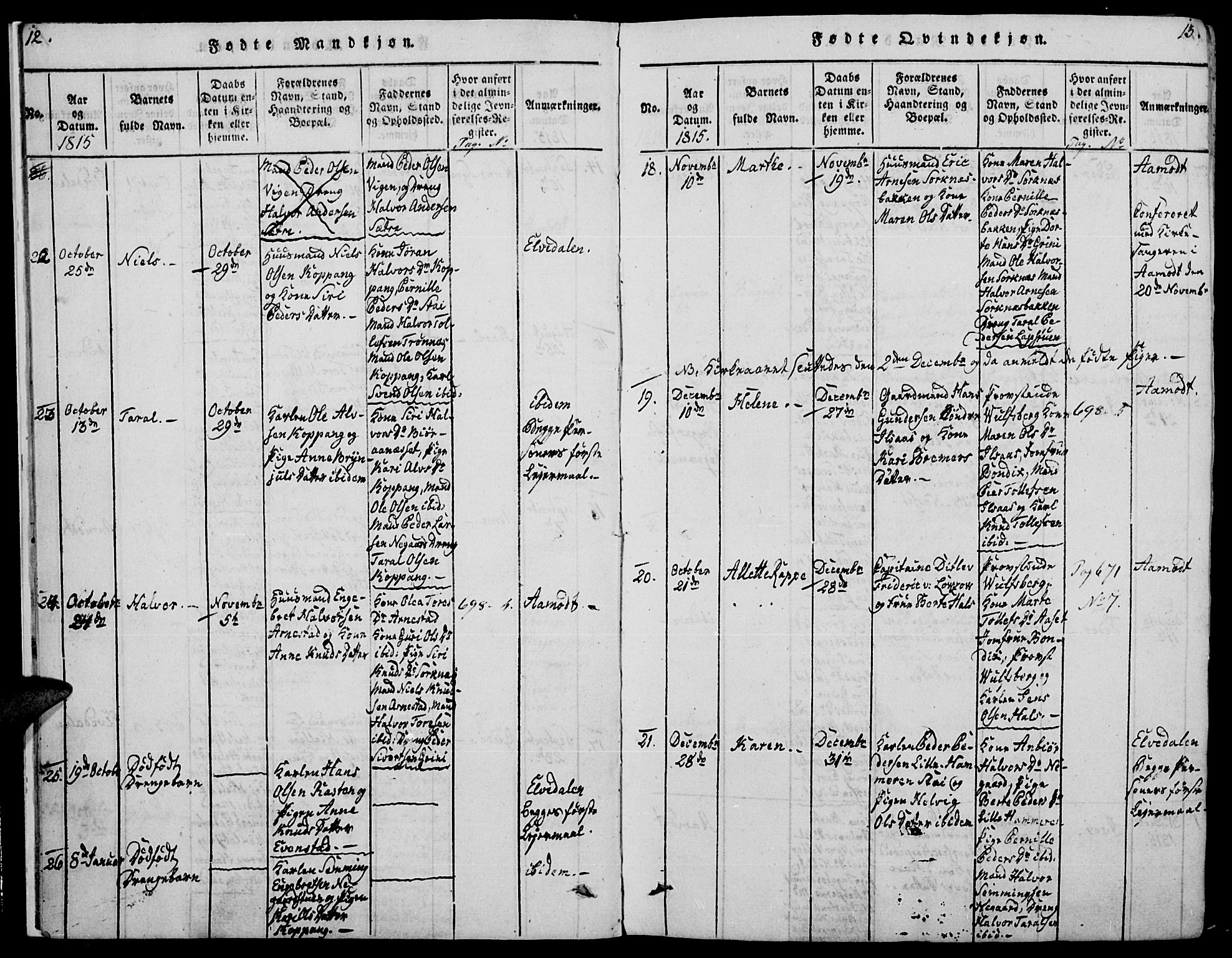 Åmot prestekontor, Hedmark, AV/SAH-PREST-056/H/Ha/Haa/L0005: Parish register (official) no. 5, 1815-1841, p. 12-13
