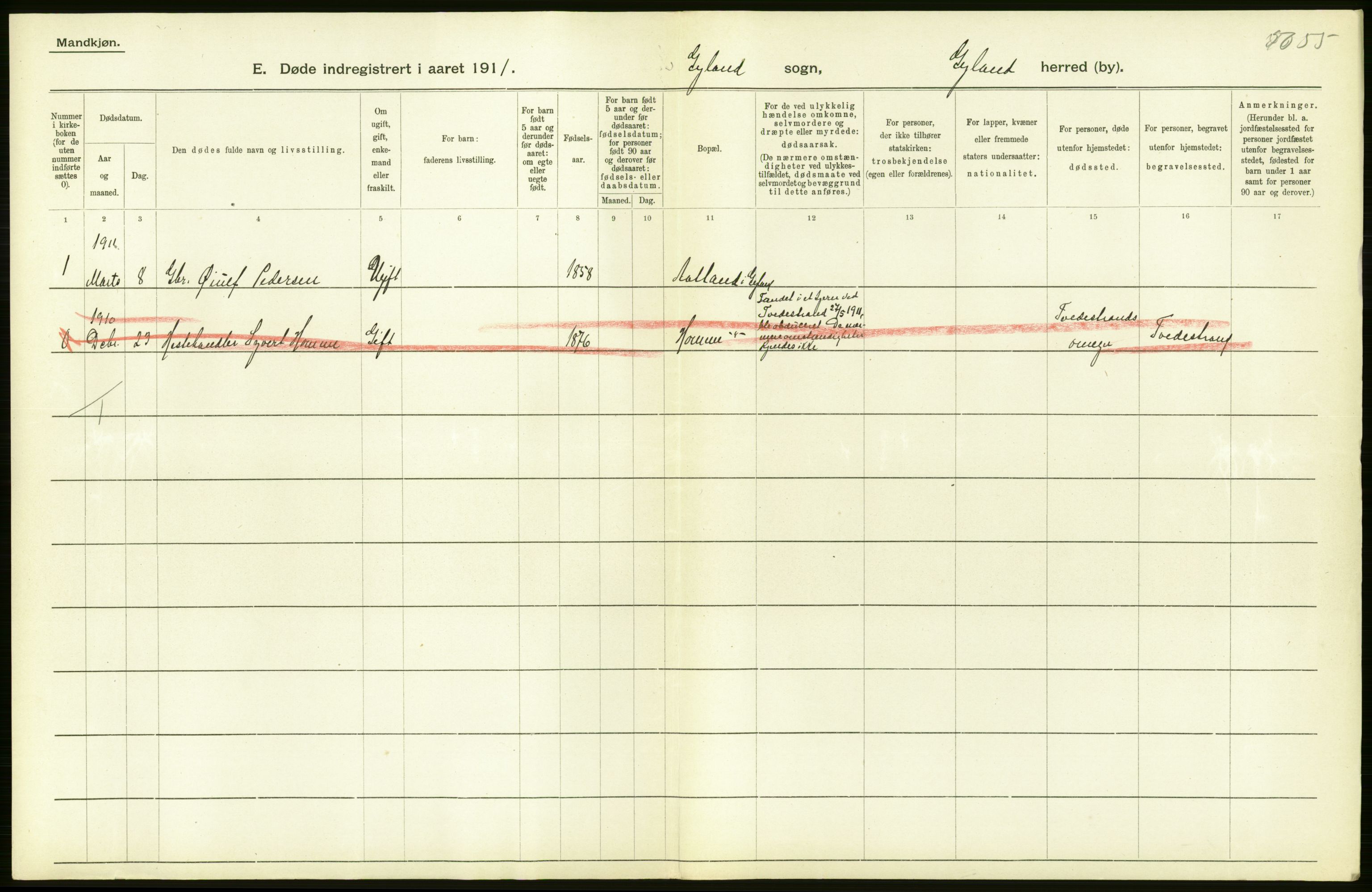 Statistisk sentralbyrå, Sosiodemografiske emner, Befolkning, AV/RA-S-2228/D/Df/Dfb/Dfba/L0024: Lister og Mandals amt:  Gifte, døde, dødfødte. Bygder og byer., 1911, p. 134