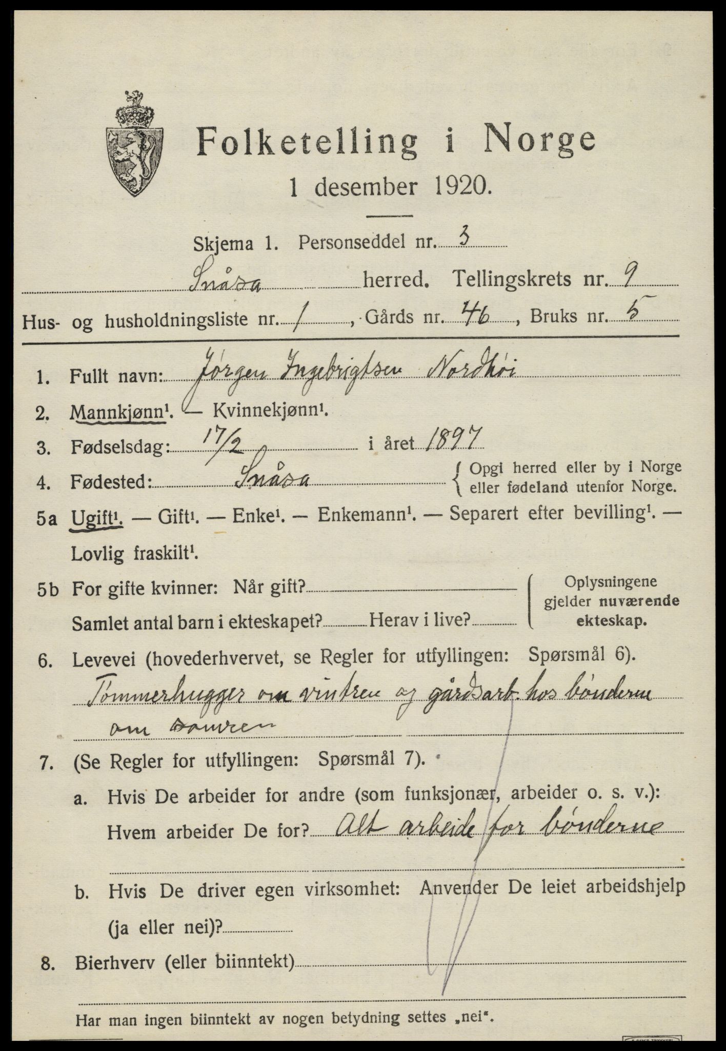 SAT, 1920 census for Snåsa, 1920, p. 3674