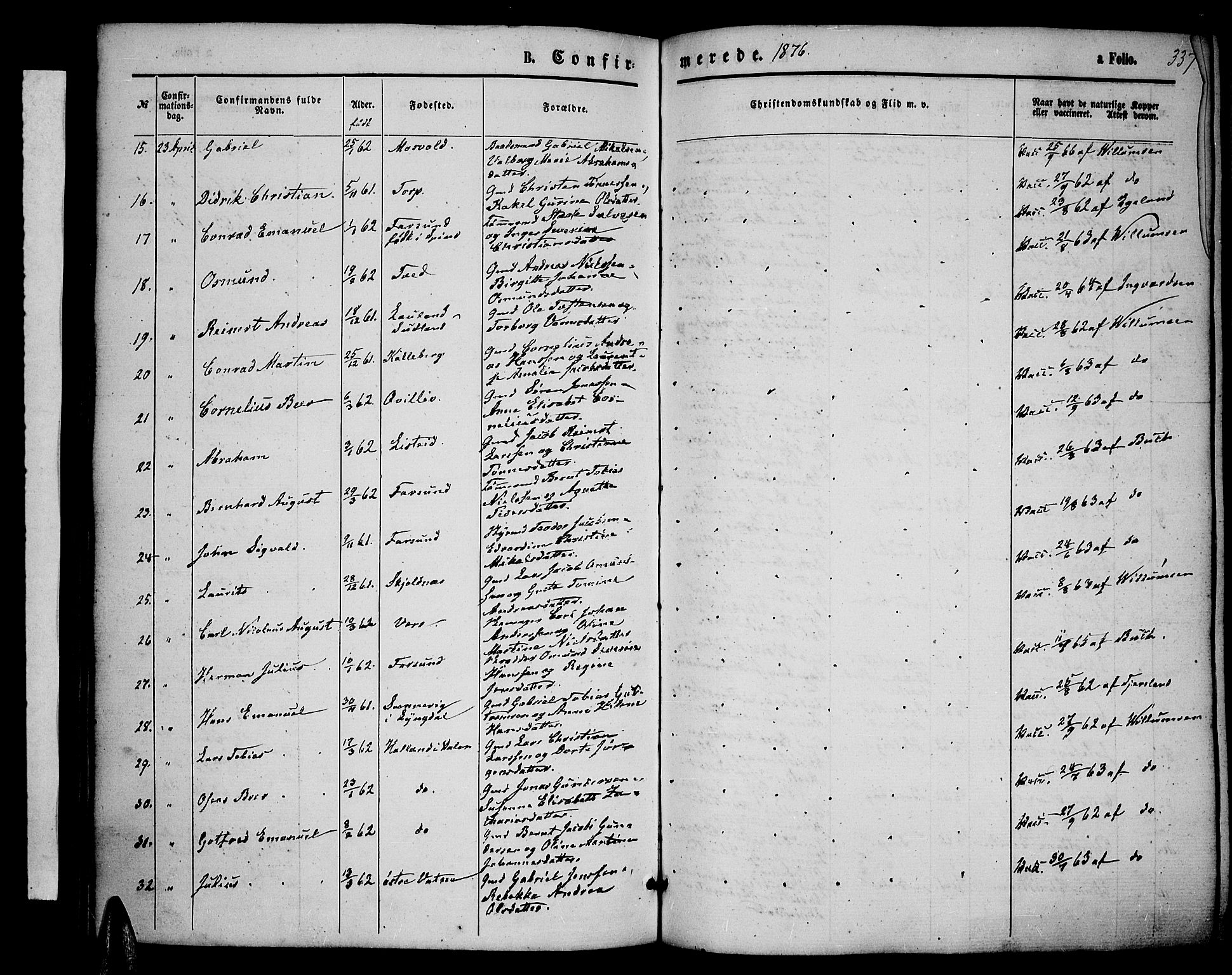 Lista sokneprestkontor, AV/SAK-1111-0027/F/Fb/L0003: Parish register (copy) no. B 3, 1862-1877, p. 337