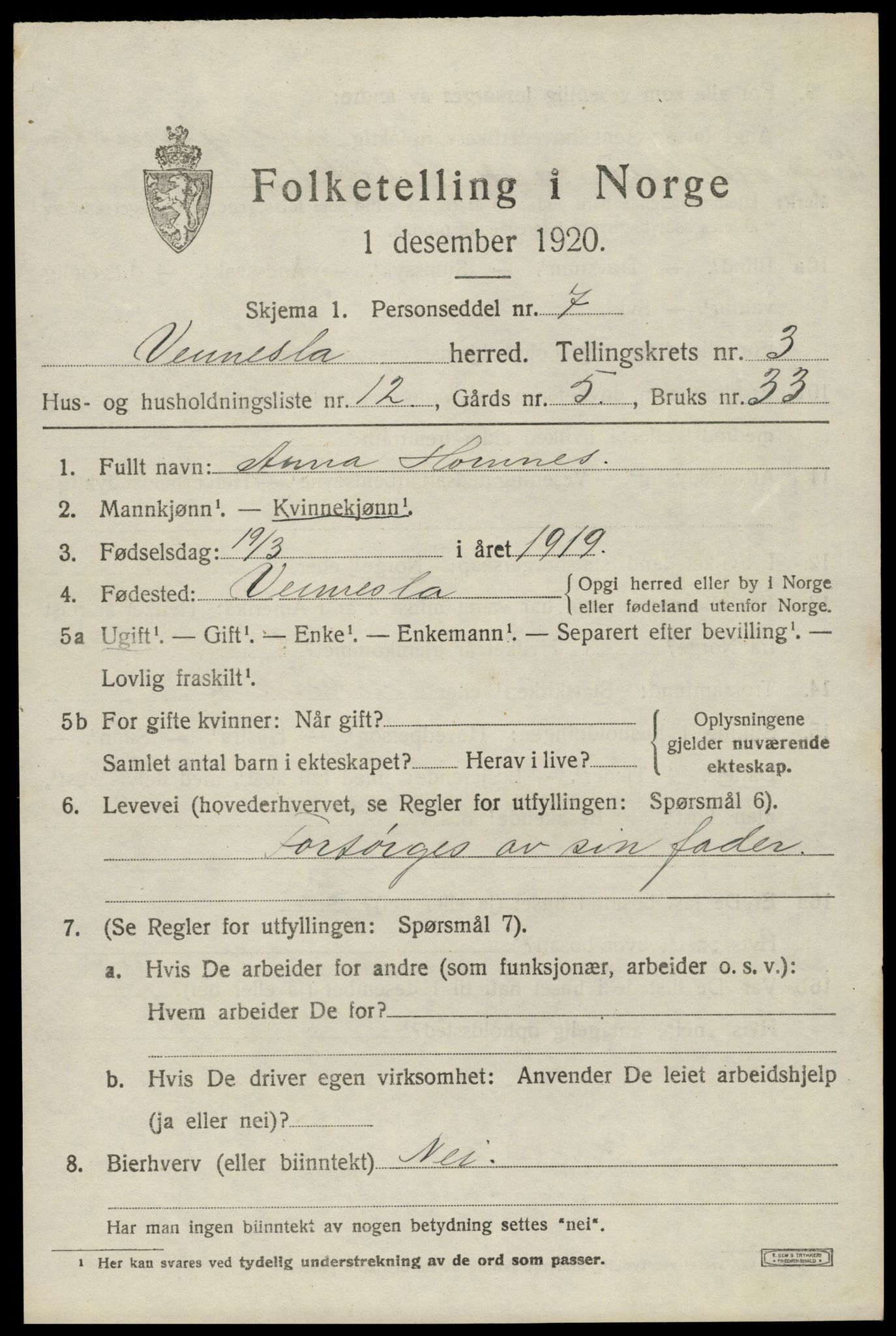 SAK, 1920 census for Vennesla, 1920, p. 2360