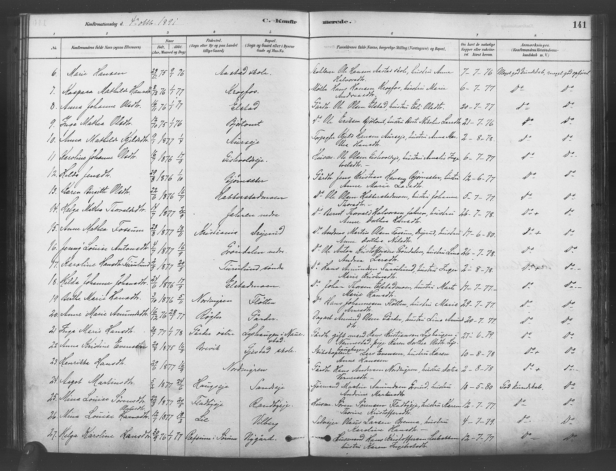 Ullensaker prestekontor Kirkebøker, AV/SAO-A-10236a/F/Fb/L0001: Parish register (official) no. II 1, 1878-1893, p. 141