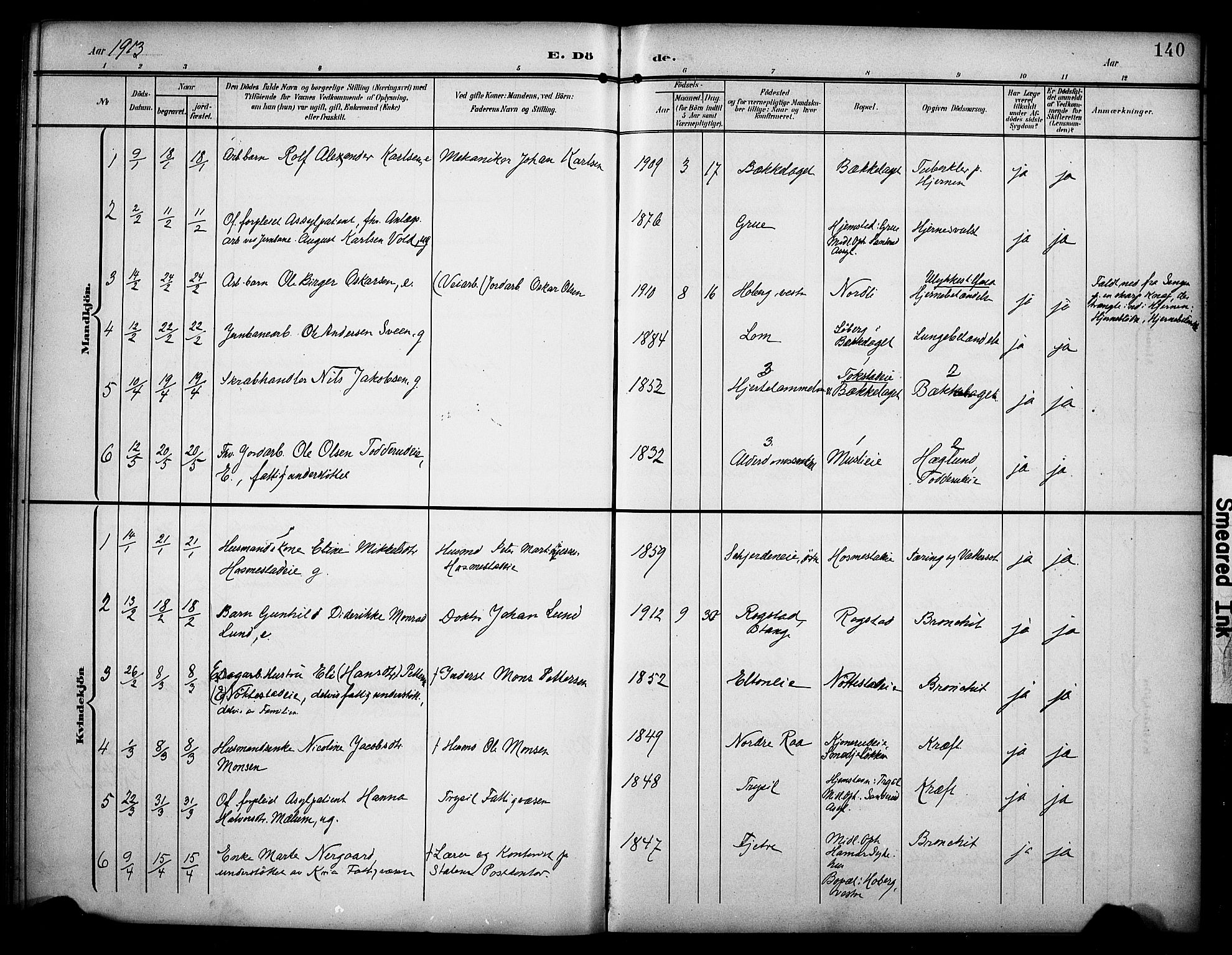 Stange prestekontor, AV/SAH-PREST-002/K/L0022: Parish register (official) no. 22, 1903-1914, p. 140