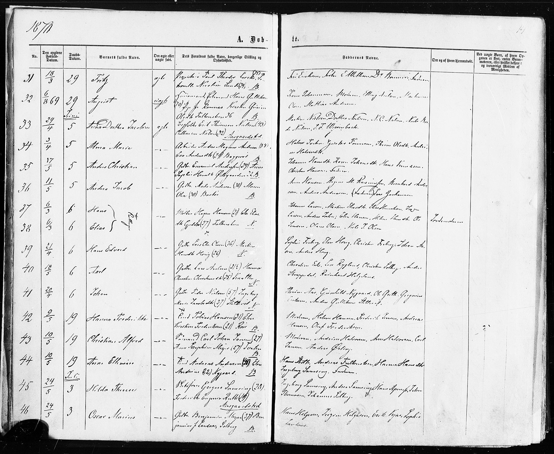 Borre kirkebøker, AV/SAKO-A-338/F/Fa/L0008: Parish register (official) no. I 8, 1868-1877, p. 14