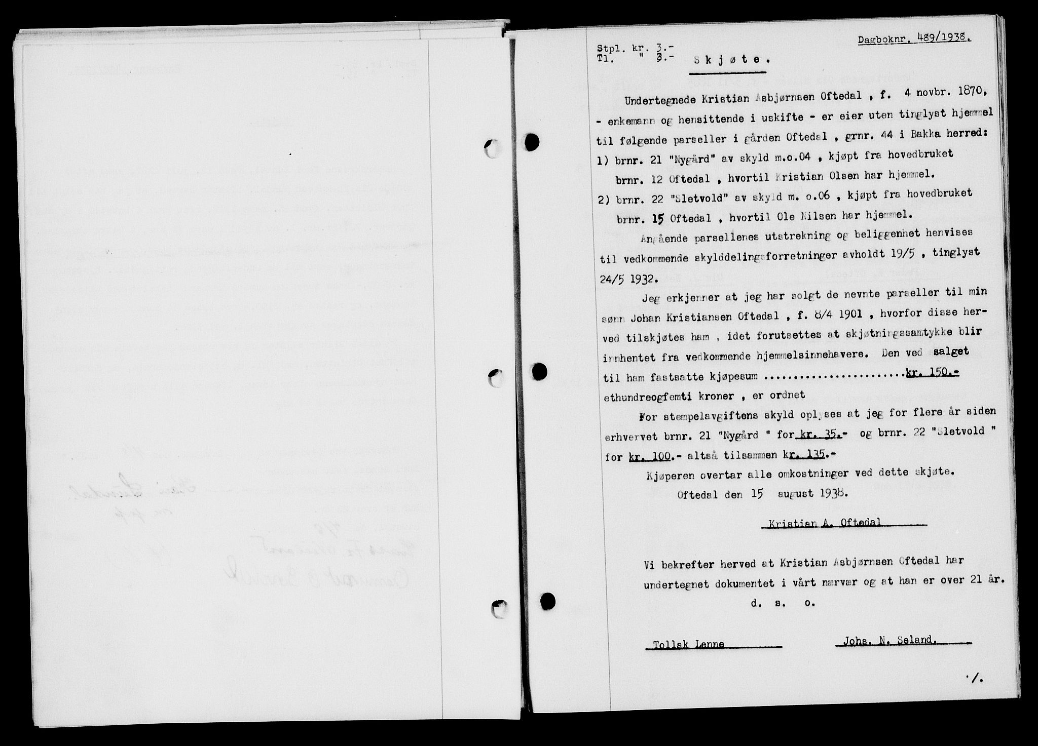 Flekkefjord sorenskriveri, SAK/1221-0001/G/Gb/Gba/L0054: Mortgage book no. A-2, 1937-1938, Diary no: : 489/1938