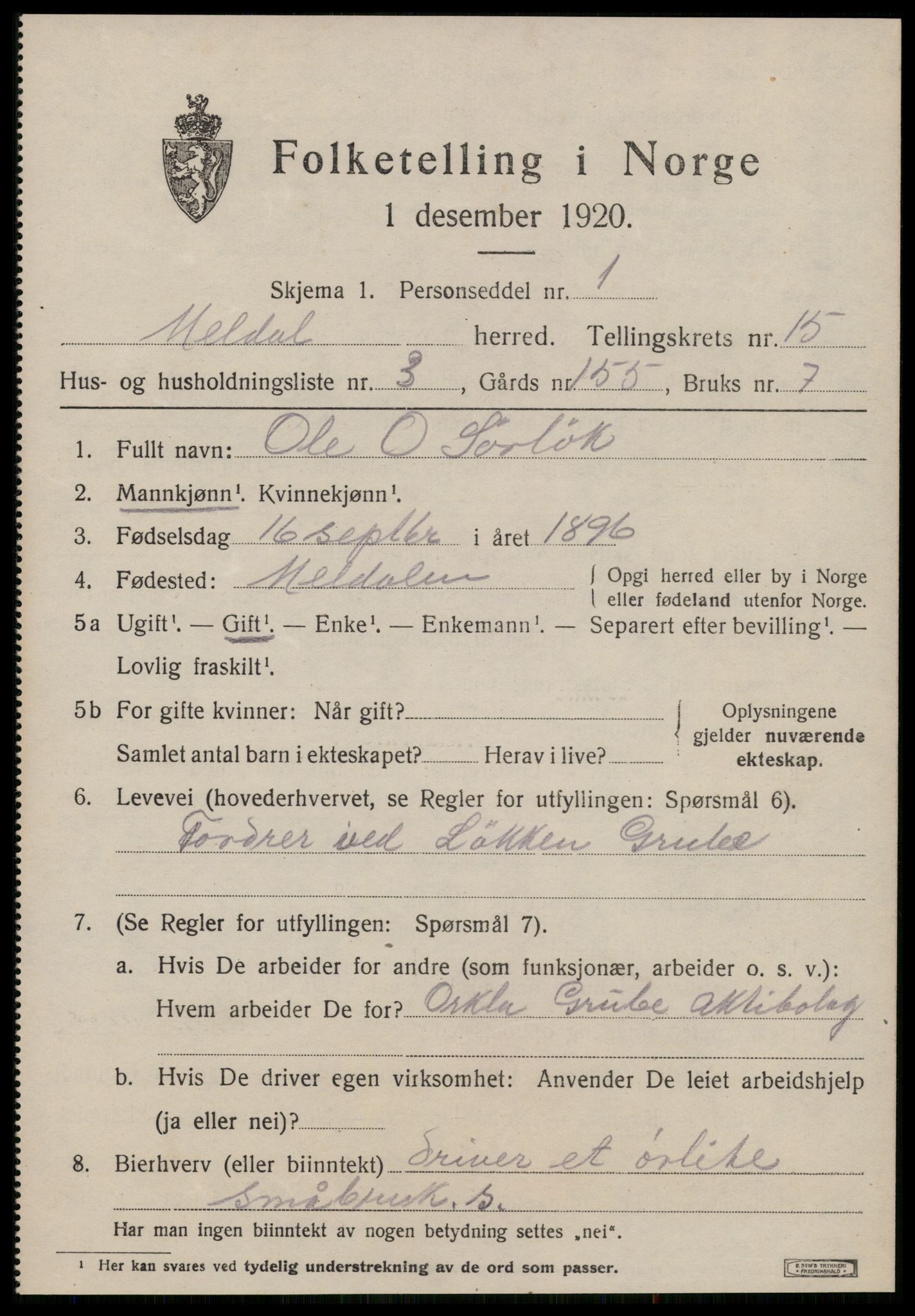 SAT, 1920 census for Meldal, 1920, p. 10485