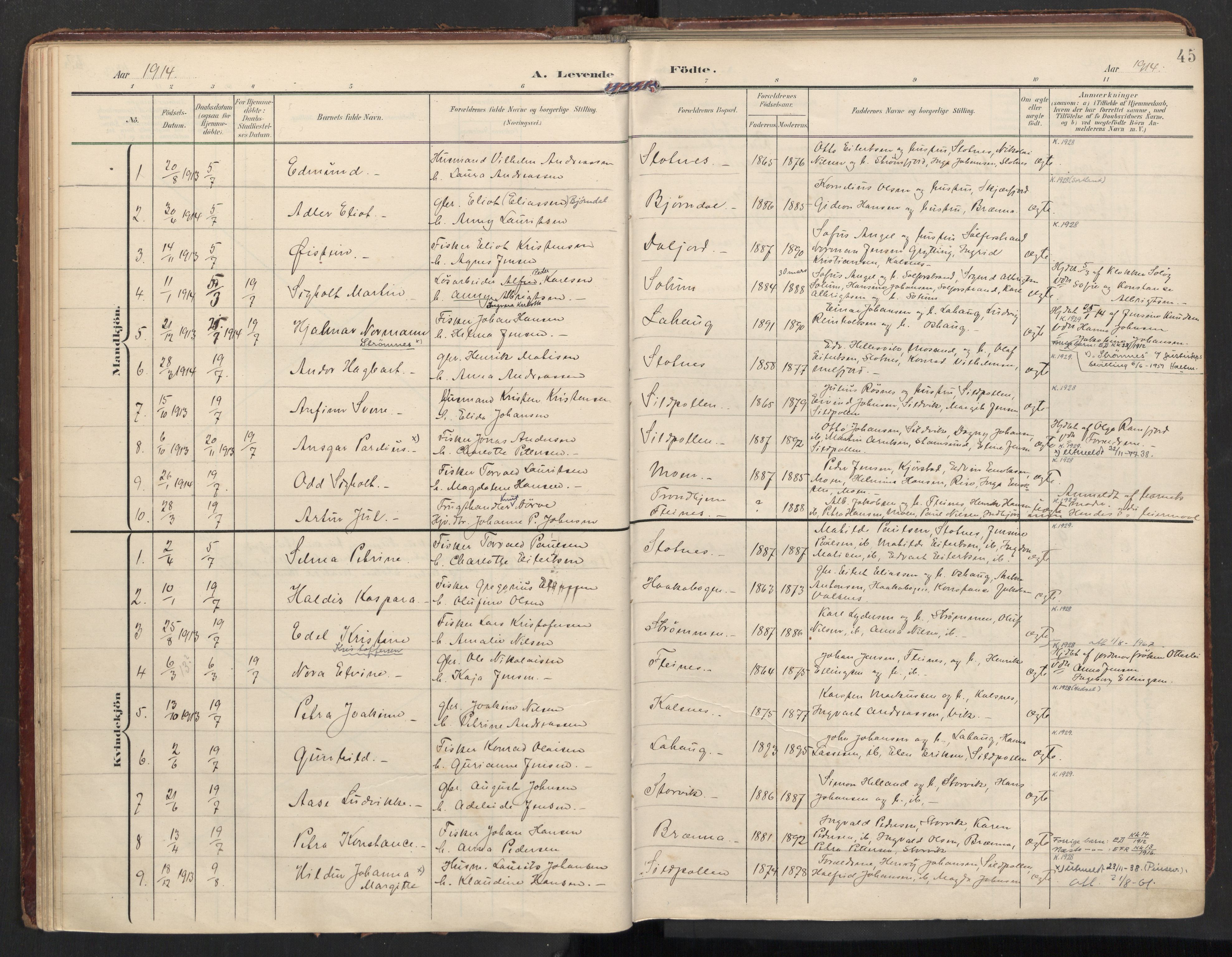 Ministerialprotokoller, klokkerbøker og fødselsregistre - Nordland, SAT/A-1459/890/L1287: Parish register (official) no. 890A02, 1903-1915, p. 45