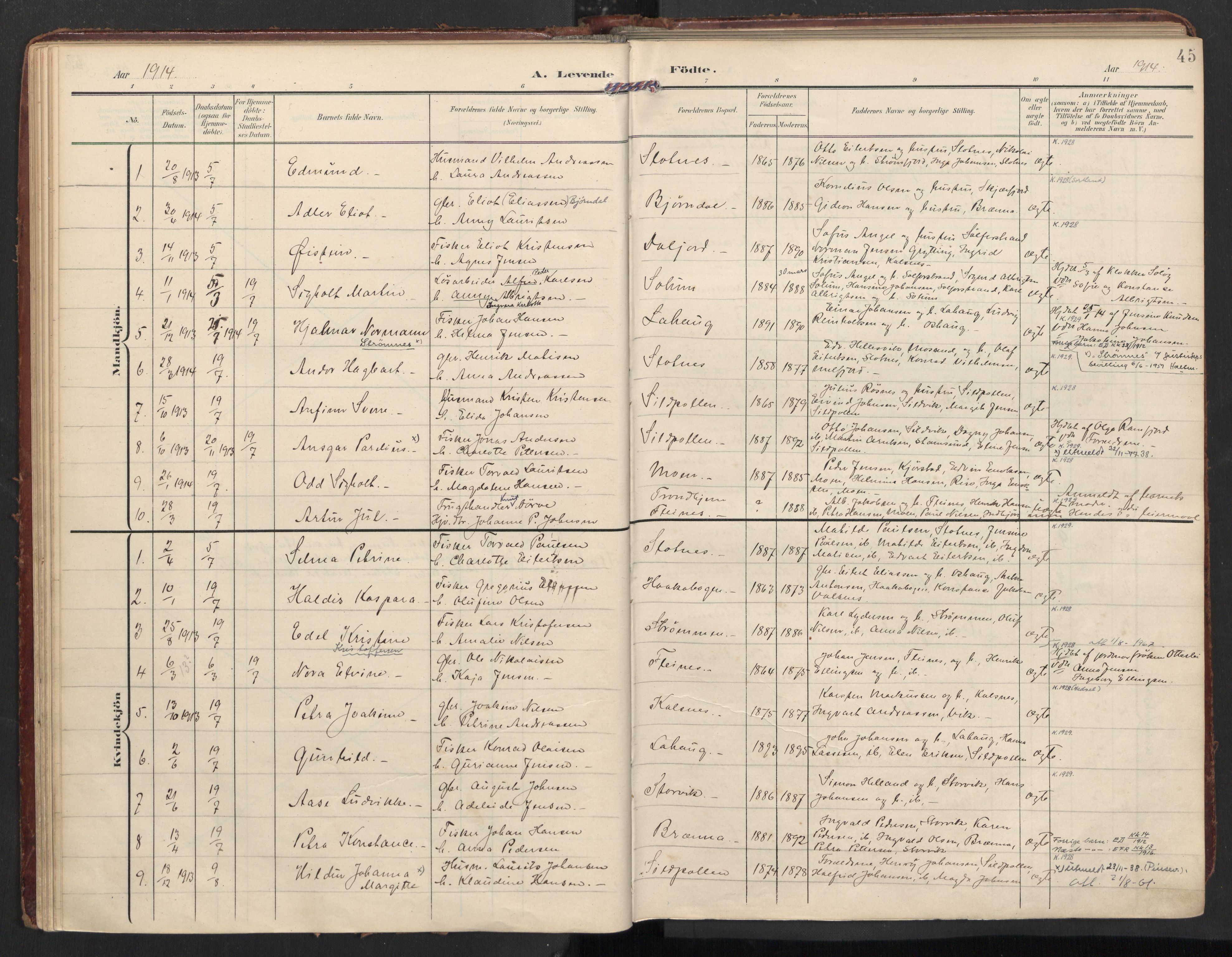 Ministerialprotokoller, klokkerbøker og fødselsregistre - Nordland, AV/SAT-A-1459/890/L1287: Parish register (official) no. 890A02, 1903-1915, p. 45