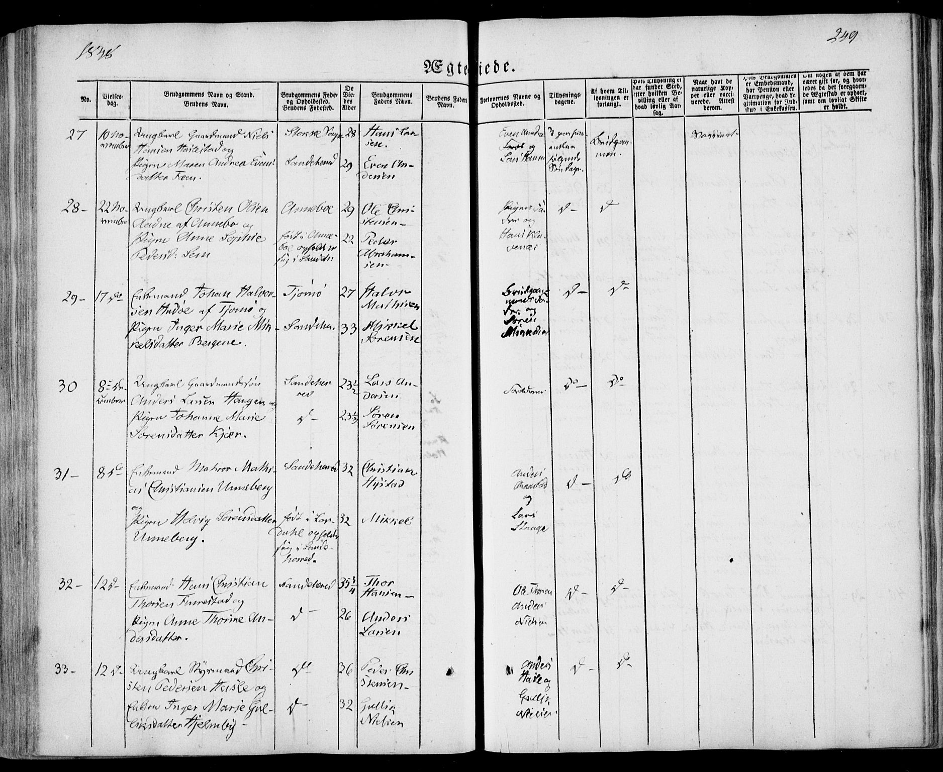 Sandar kirkebøker, SAKO/A-243/F/Fa/L0006: Parish register (official) no. 6, 1847-1860, p. 249