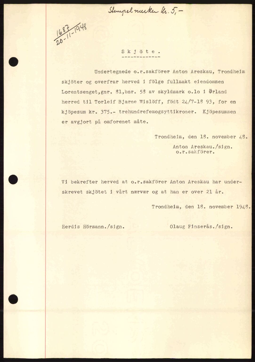 Fosen sorenskriveri, AV/SAT-A-1107/1/2/2C: Mortgage book no. A8, 1948-1948, Diary no: : 1687/1948