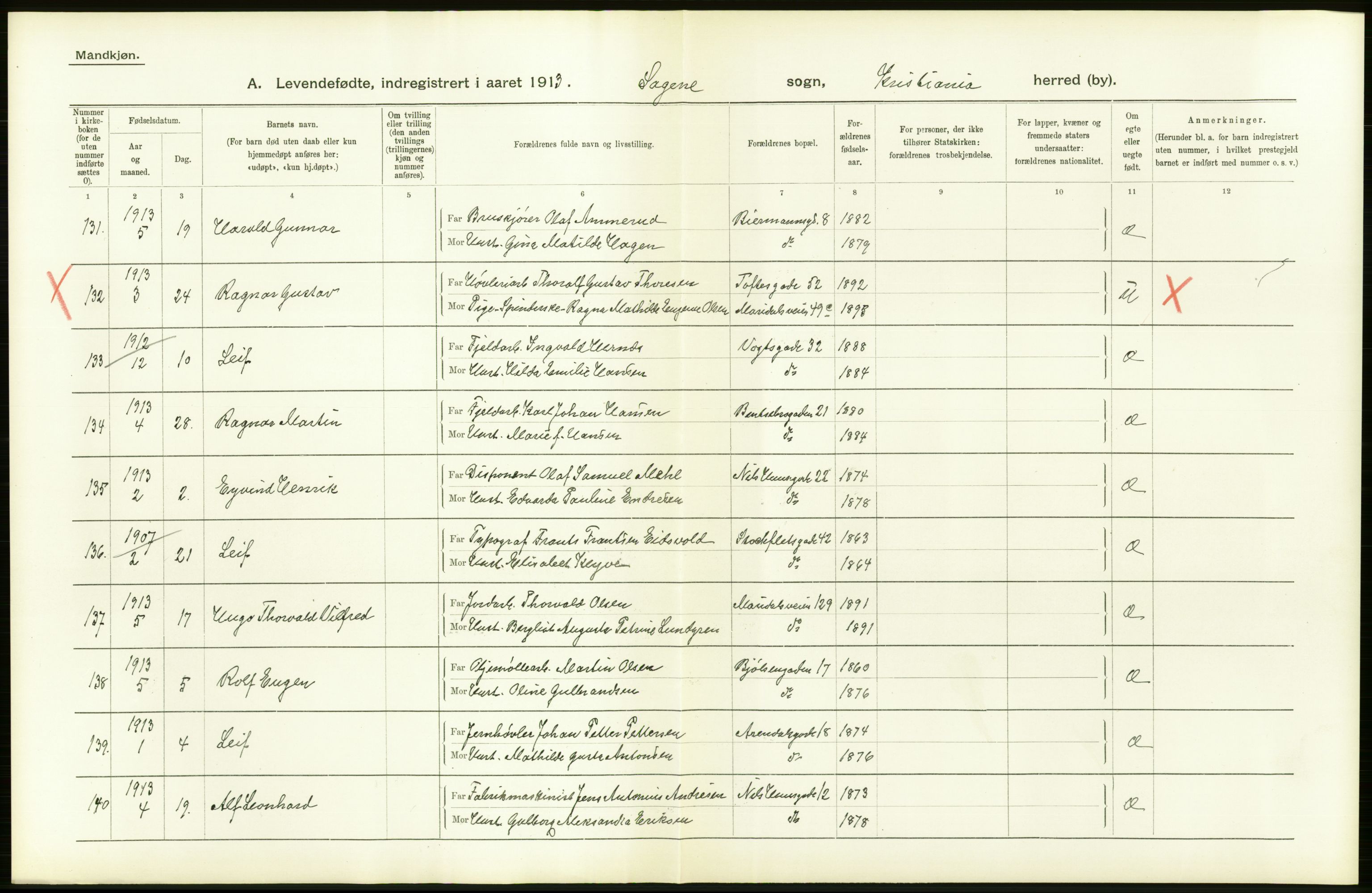 Statistisk sentralbyrå, Sosiodemografiske emner, Befolkning, AV/RA-S-2228/D/Df/Dfb/Dfbc/L0006: Kristiania: Levendefødte menn og kvinner., 1913, p. 34