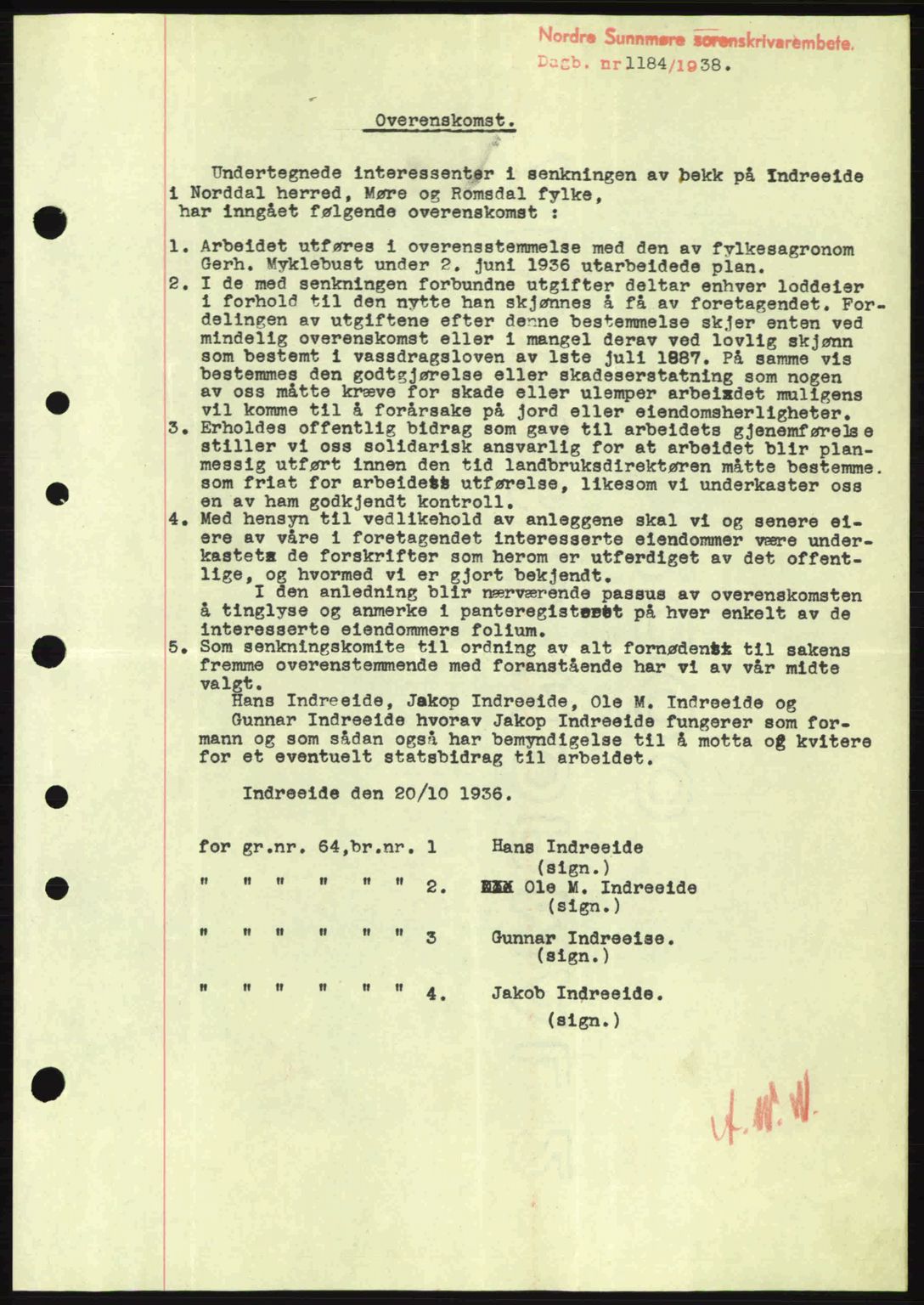 Nordre Sunnmøre sorenskriveri, SAT/A-0006/1/2/2C/2Ca: Mortgage book no. B1-6, 1938-1942, Diary no: : 1184/1938