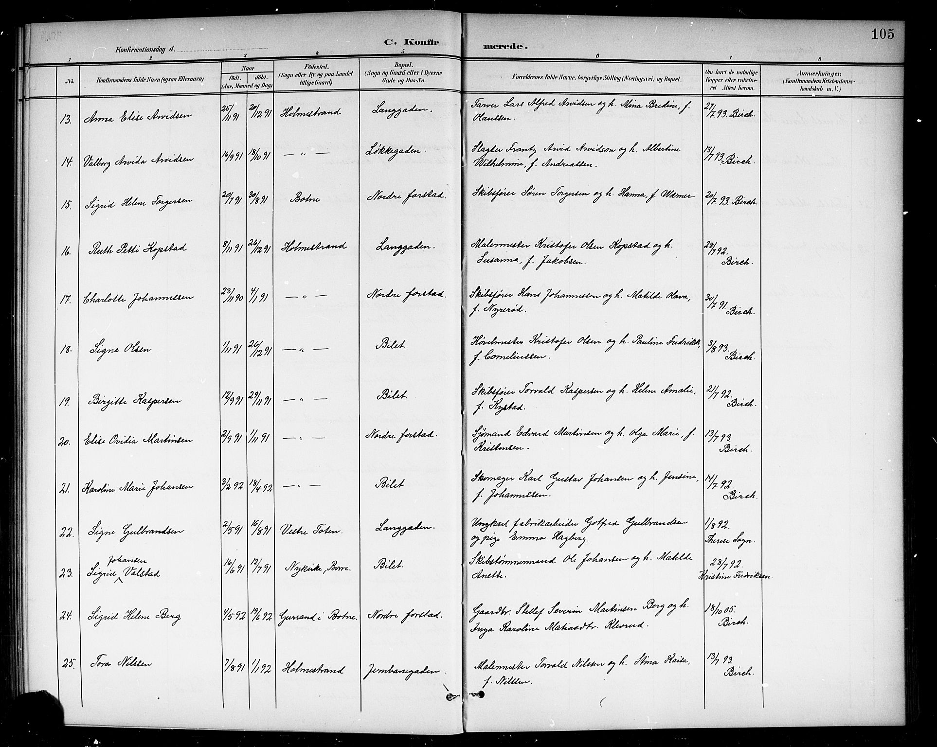 Holmestrand kirkebøker, AV/SAKO-A-346/G/Ga/L0006: Parish register (copy) no. 6, 1901-1923, p. 105