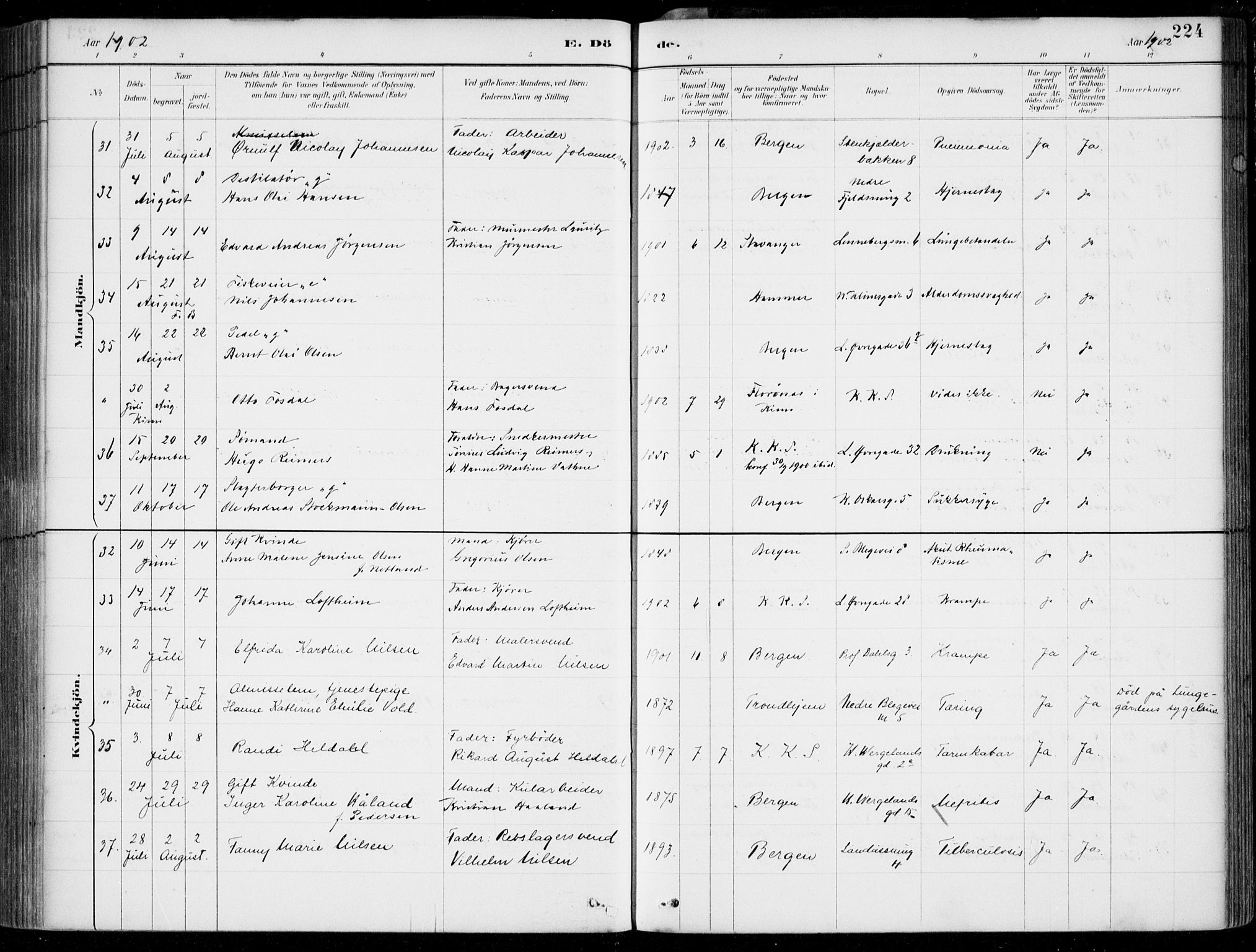 Korskirken sokneprestembete, AV/SAB-A-76101/H/Hab: Parish register (copy) no. E 4, 1884-1910, p. 224