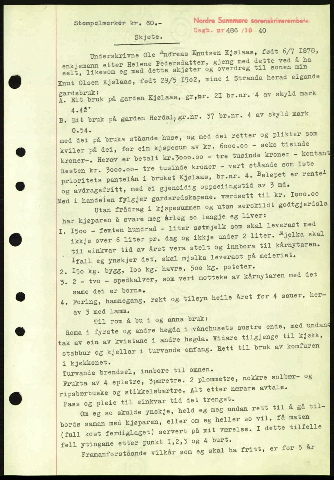 Nordre Sunnmøre sorenskriveri, AV/SAT-A-0006/1/2/2C/2Ca: Mortgage book no. A8, 1939-1940, Diary no: : 486/1940