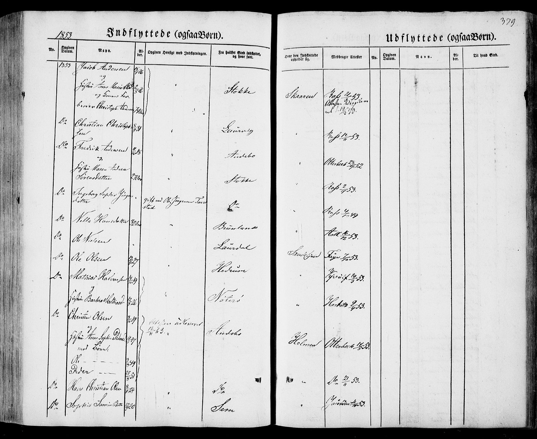 Sandar kirkebøker, AV/SAKO-A-243/F/Fa/L0006: Parish register (official) no. 6, 1847-1860, p. 379