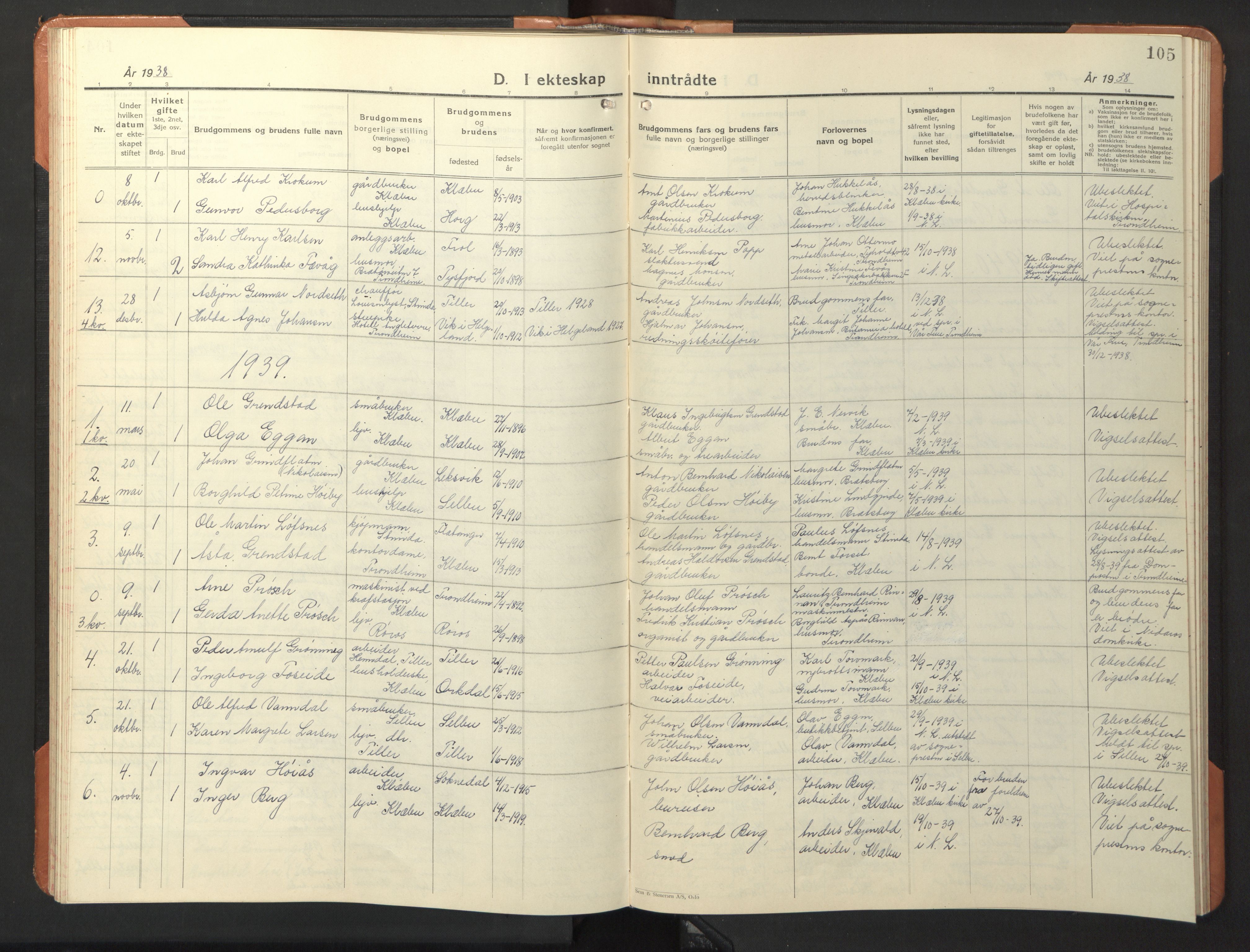 Ministerialprotokoller, klokkerbøker og fødselsregistre - Sør-Trøndelag, SAT/A-1456/618/L0454: Parish register (copy) no. 618C05, 1926-1946, p. 105