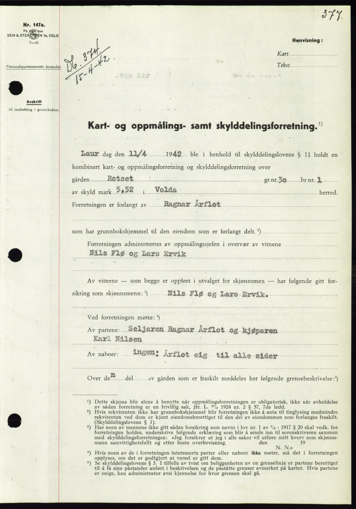 Søre Sunnmøre sorenskriveri, AV/SAT-A-4122/1/2/2C/L0073: Mortgage book no. 67, 1941-1942, Diary no: : 374/1942