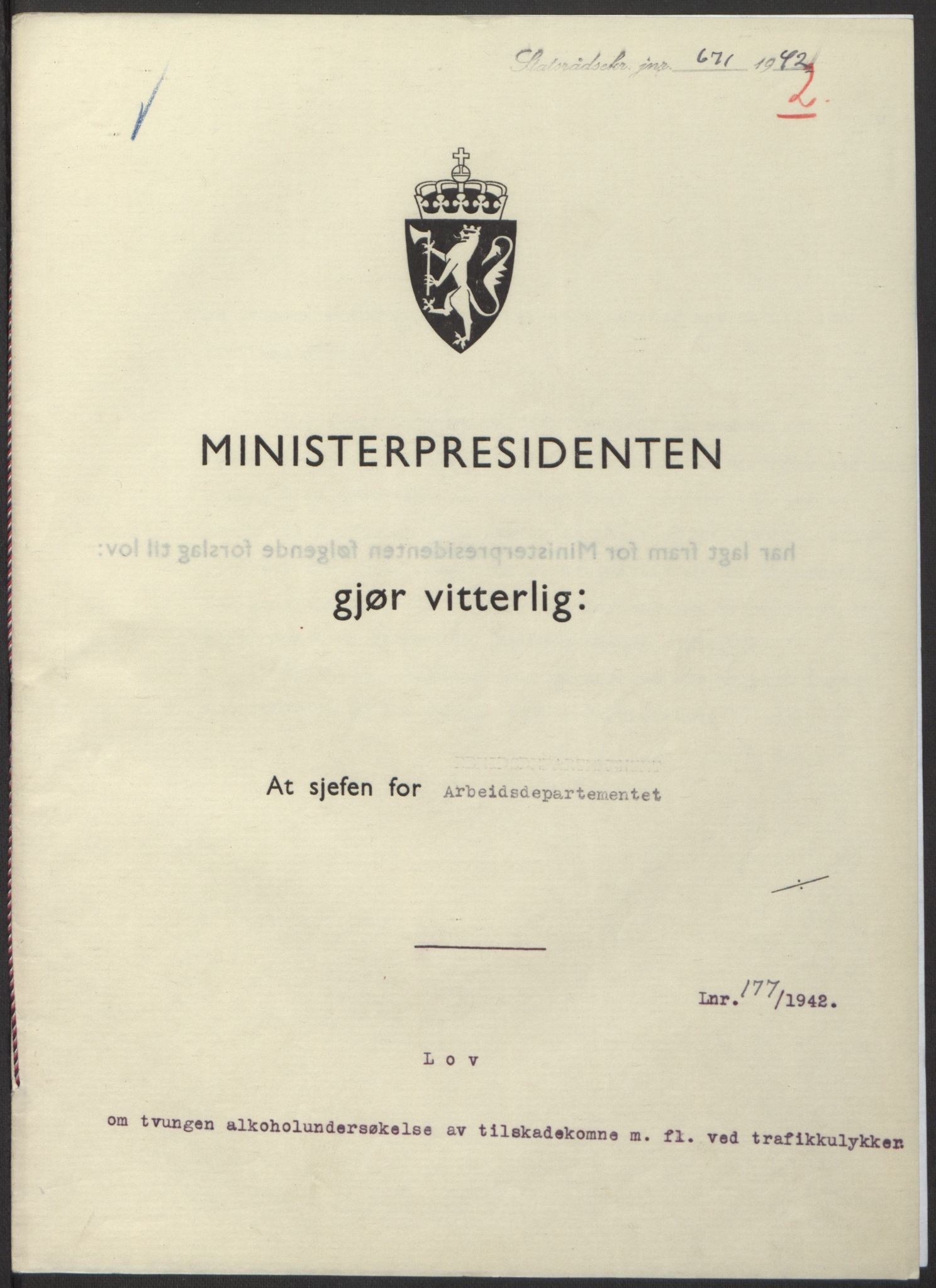 NS-administrasjonen 1940-1945 (Statsrådsekretariatet, de kommisariske statsråder mm), RA/S-4279/D/Db/L0098: Lover II, 1942, p. 307