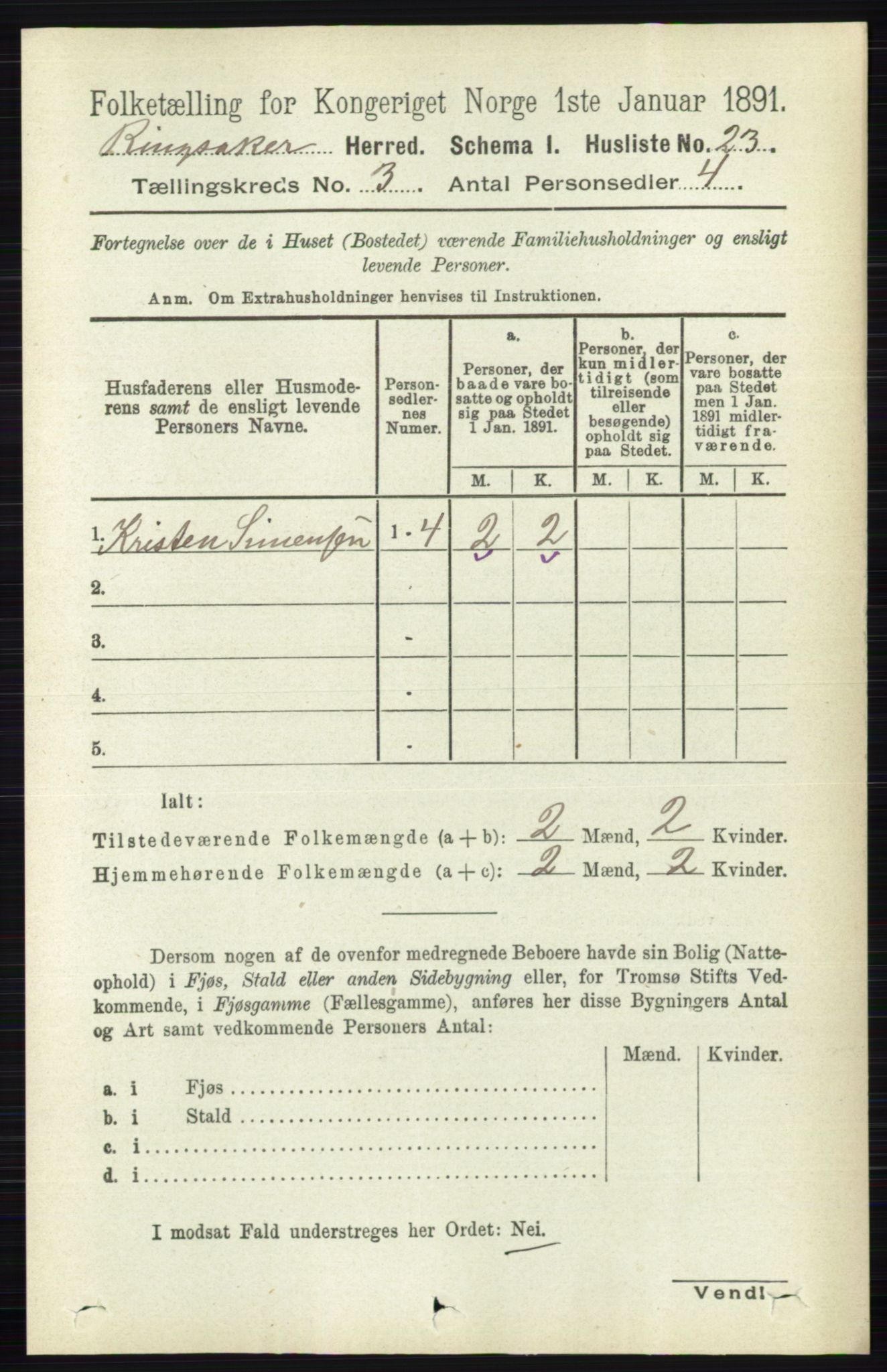 RA, 1891 census for 0412 Ringsaker, 1891, p. 1184