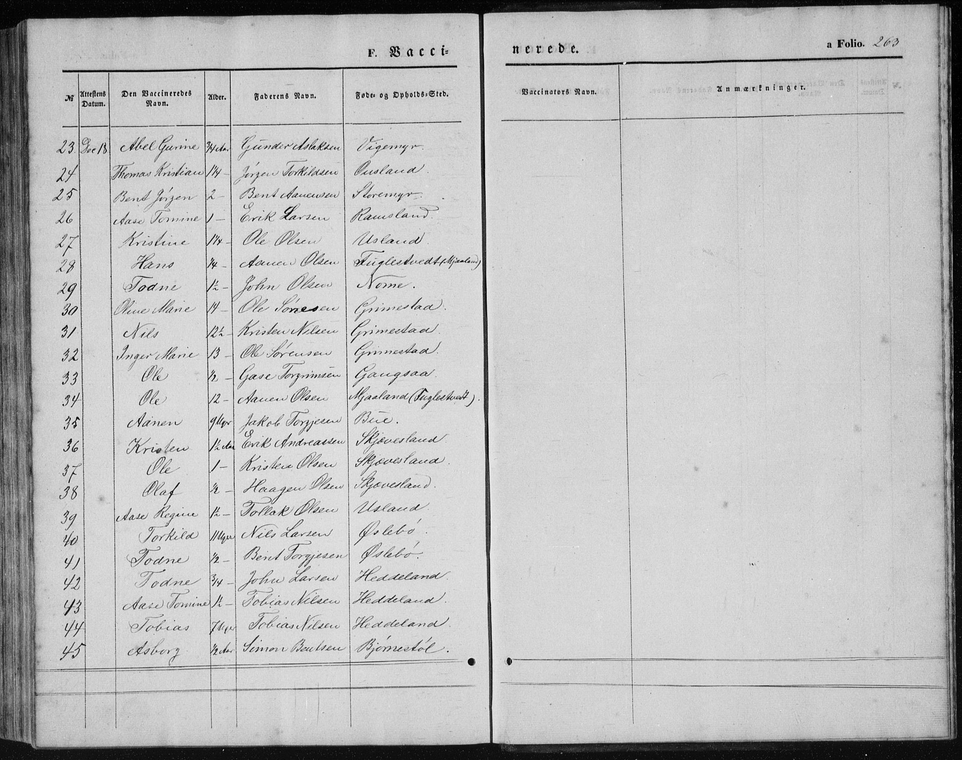 Holum sokneprestkontor, SAK/1111-0022/F/Fb/Fbc/L0002: Parish register (copy) no. B 2, 1860-1882, p. 263