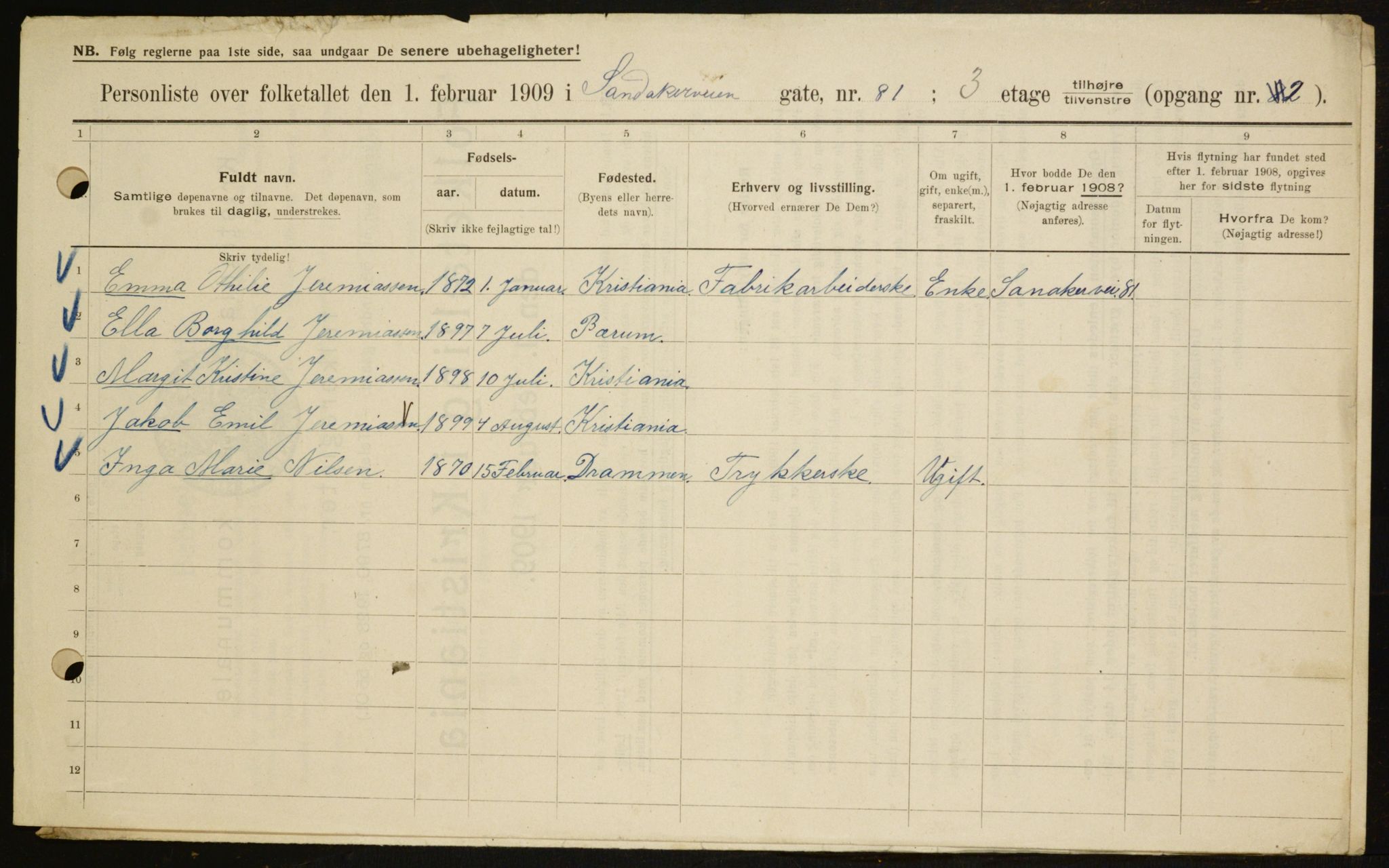 OBA, Municipal Census 1909 for Kristiania, 1909, p. 79446