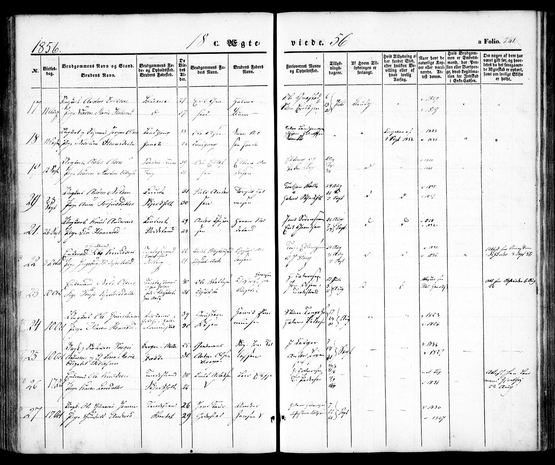 Holt sokneprestkontor, AV/SAK-1111-0021/F/Fa/L0008: Parish register (official) no. A 8, 1849-1860, p. 261