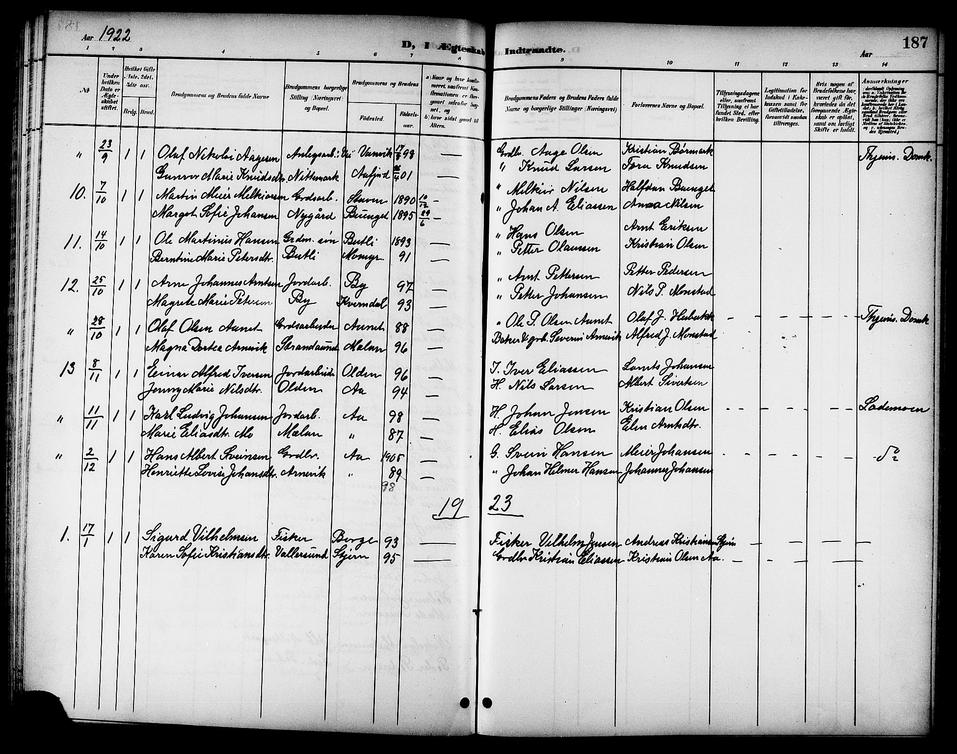 Ministerialprotokoller, klokkerbøker og fødselsregistre - Sør-Trøndelag, SAT/A-1456/655/L0688: Parish register (copy) no. 655C04, 1899-1922, p. 187