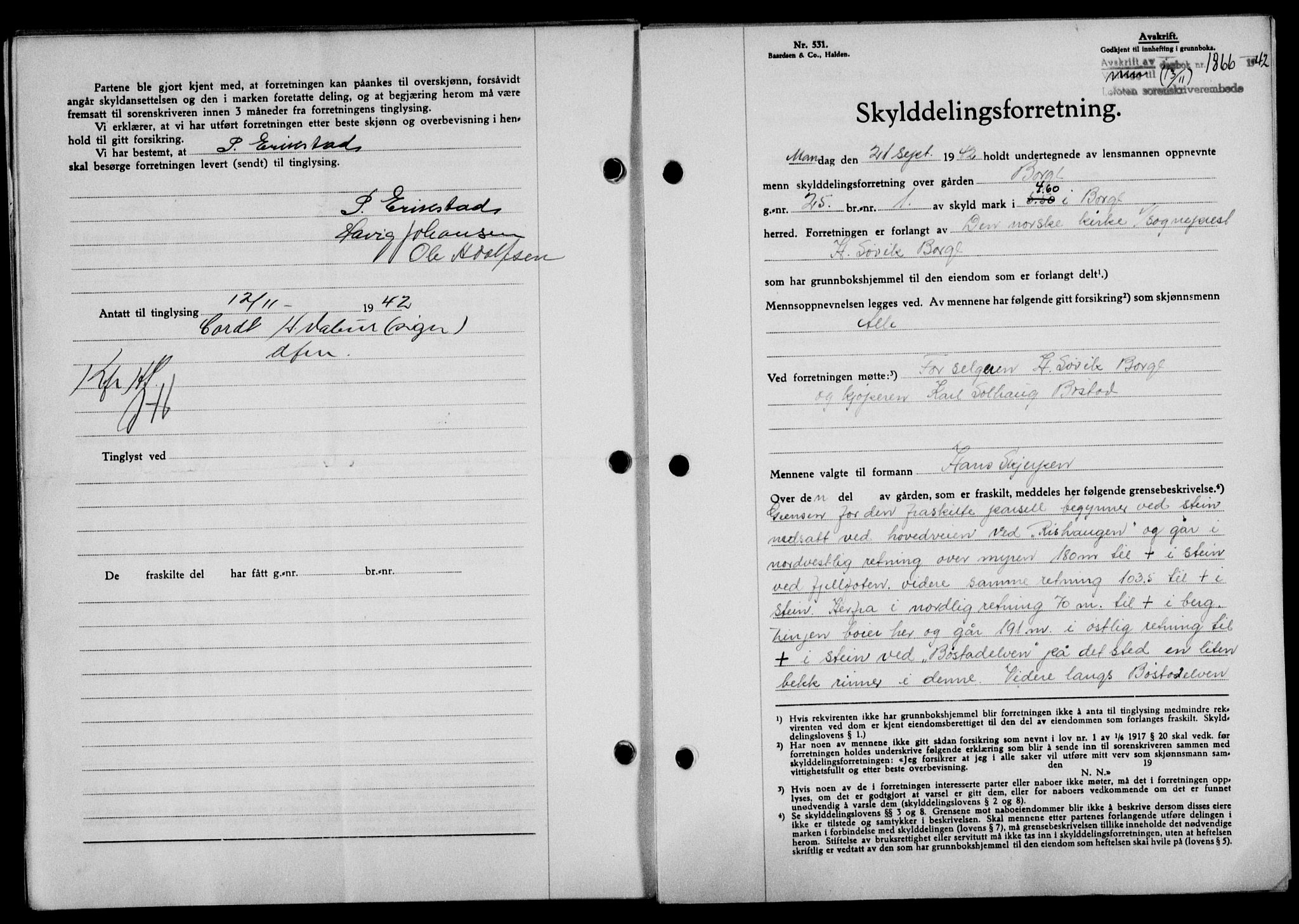 Lofoten sorenskriveri, SAT/A-0017/1/2/2C/L0010a: Mortgage book no. 10a, 1942-1943, Diary no: : 1866/1942