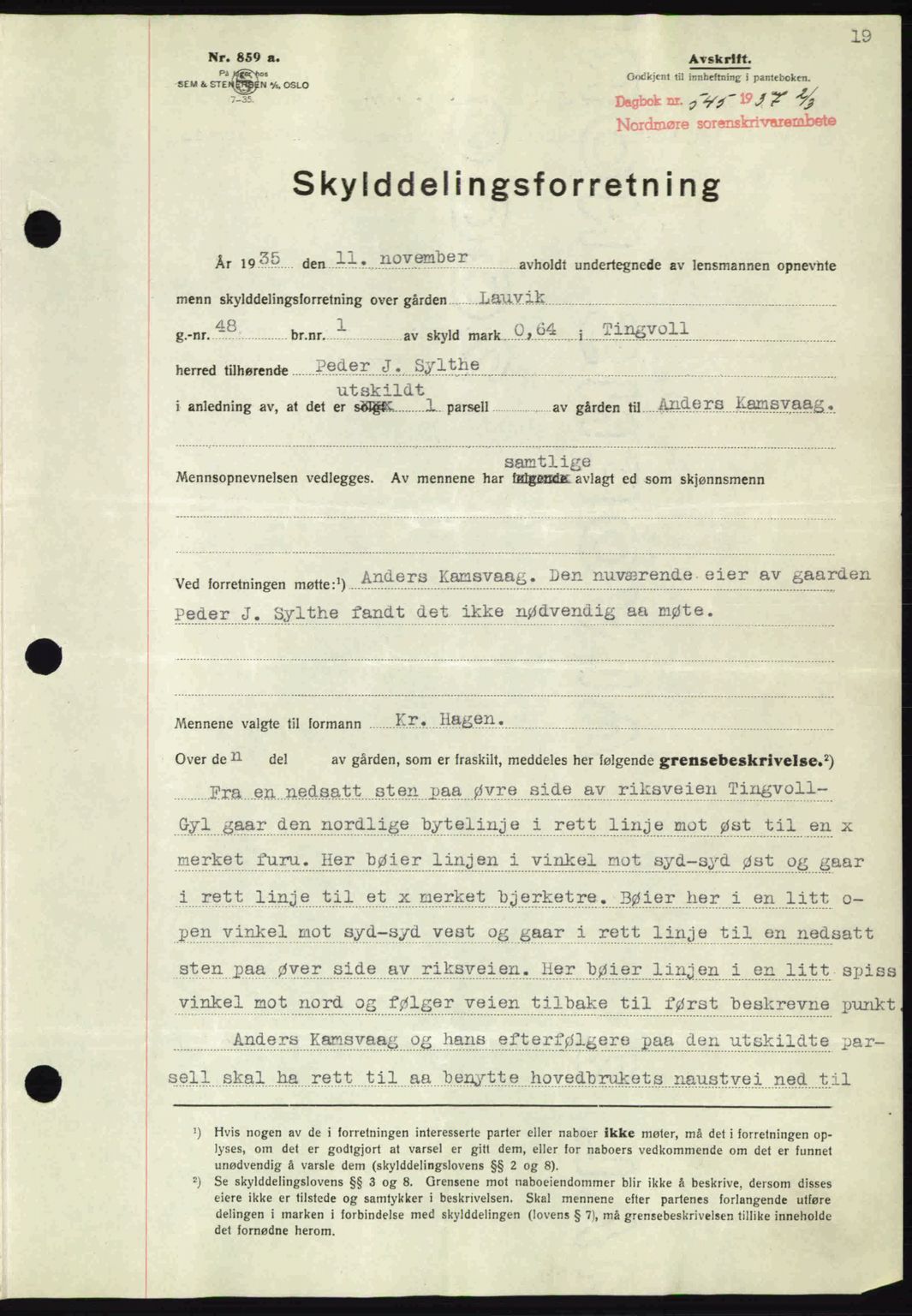 Nordmøre sorenskriveri, AV/SAT-A-4132/1/2/2Ca: Mortgage book no. A81, 1937-1937, Diary no: : 545/1937