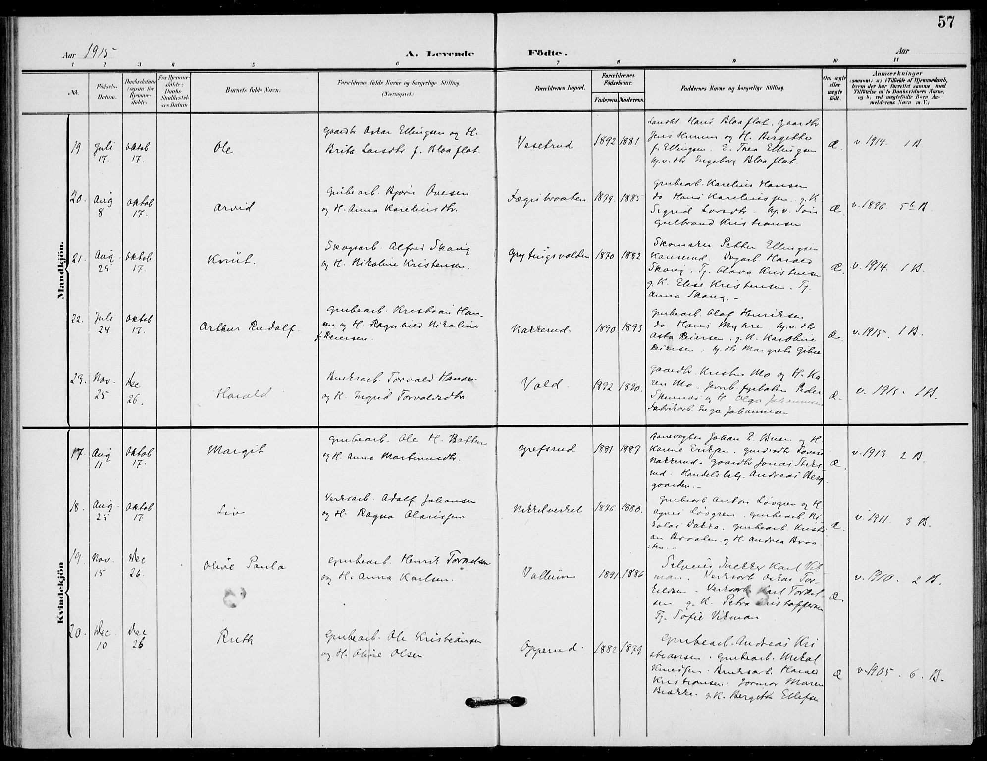 Hole kirkebøker, AV/SAKO-A-228/F/Fb/L0003: Parish register (official) no. II 3, 1906-1916, p. 57