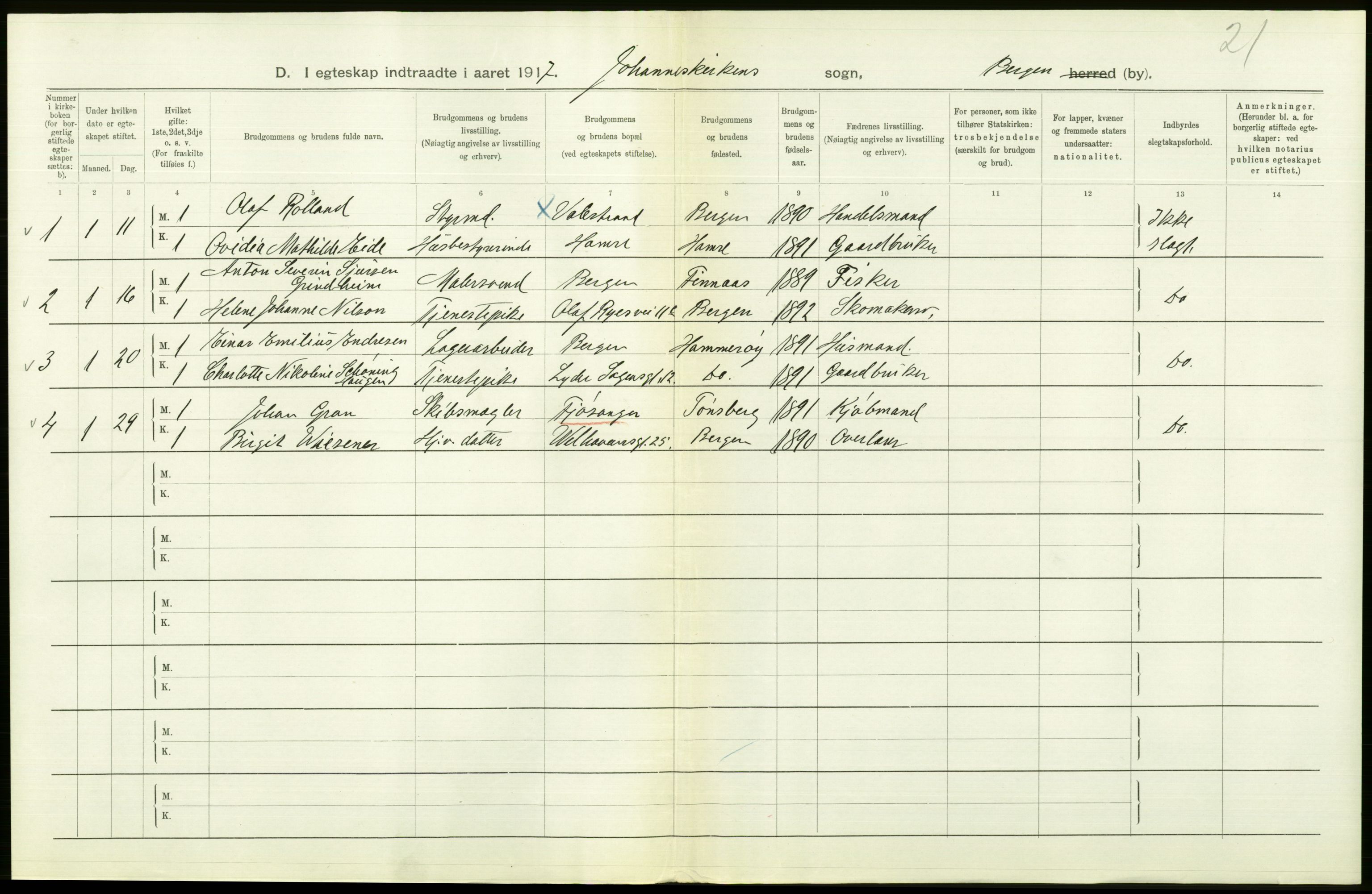 Statistisk sentralbyrå, Sosiodemografiske emner, Befolkning, AV/RA-S-2228/D/Df/Dfb/Dfbg/L0038: Bergen: Gifte, døde, dødfødte., 1917, p. 80