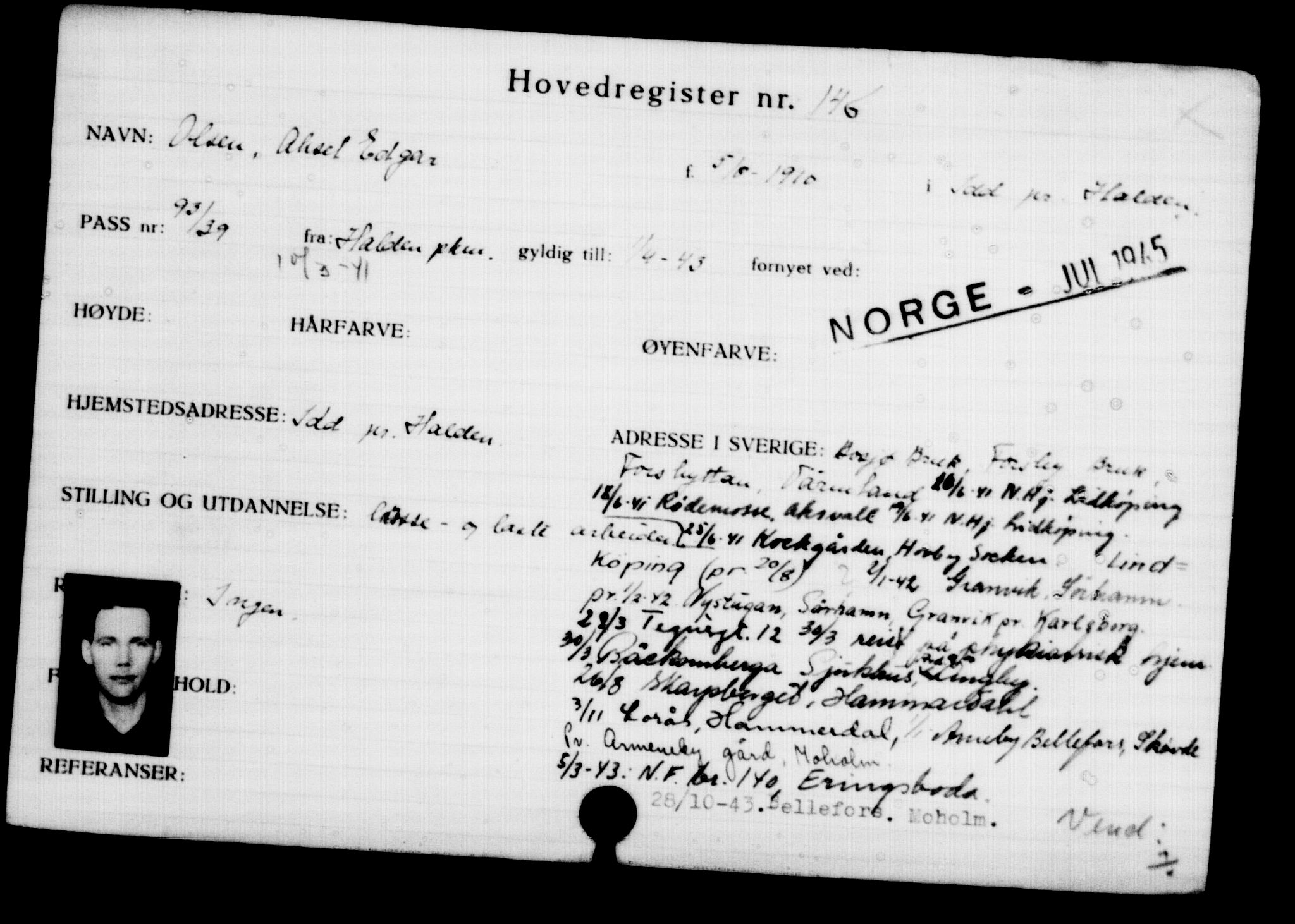 Utenriksstasjonene, Legasjonen i Stockholm, Flyktningkontoret, AV/RA-S-6753/V/Va/L0001: Kjesäterkartoteket, flyktninger med registreringsnr. 1-1000, 1940-1945, p. 237