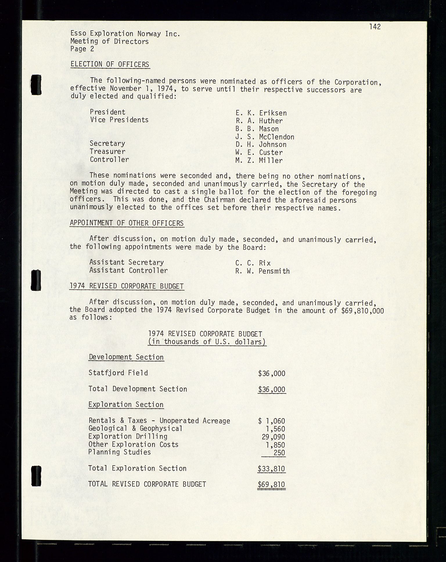 Pa 1512 - Esso Exploration and Production Norway Inc., SAST/A-101917/A/Aa/L0001/0001: Styredokumenter / Corporate records, By-Laws, Board meeting minutes, Incorporations, 1965-1975, p. 142