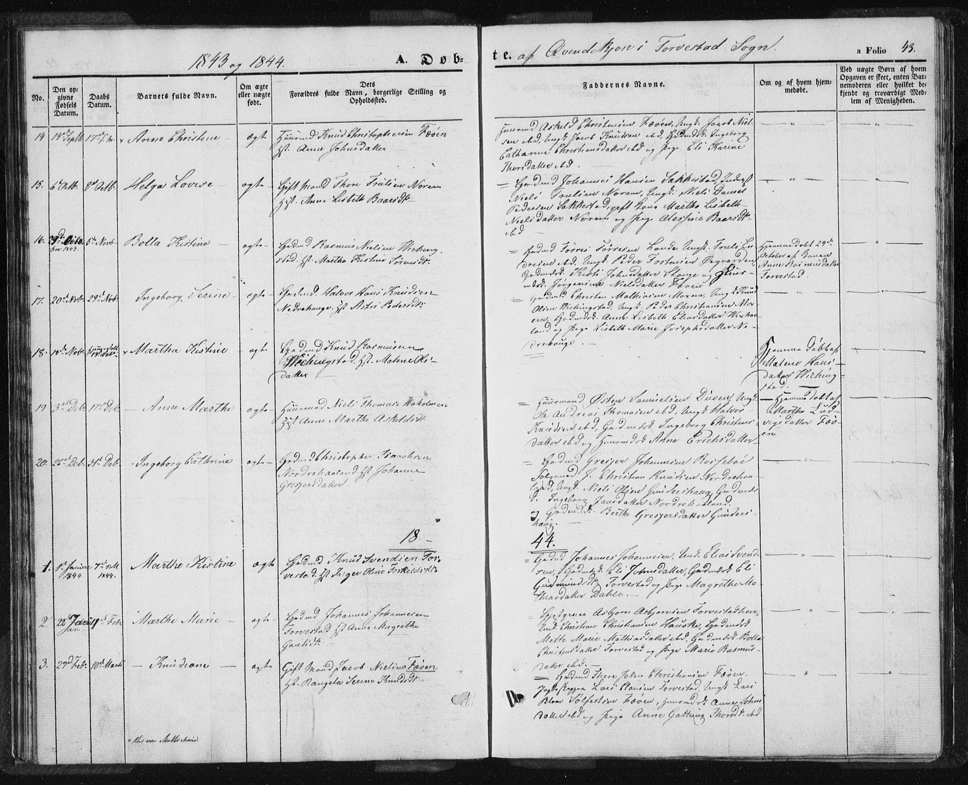 Torvastad sokneprestkontor, AV/SAST-A -101857/H/Ha/Haa/L0005: Parish register (official) no. A 5, 1836-1847, p. 43