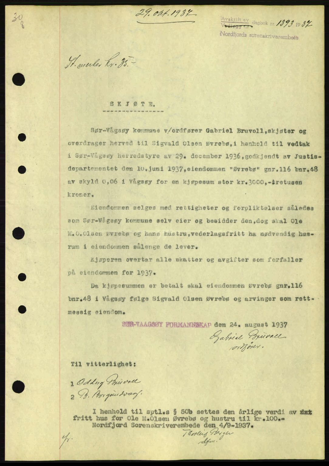 Nordfjord sorenskriveri, SAB/A-2801/02/02b/02bj/L0002: Mortgage book no. A2, 1937-1938, Diary no: : 1393/1937