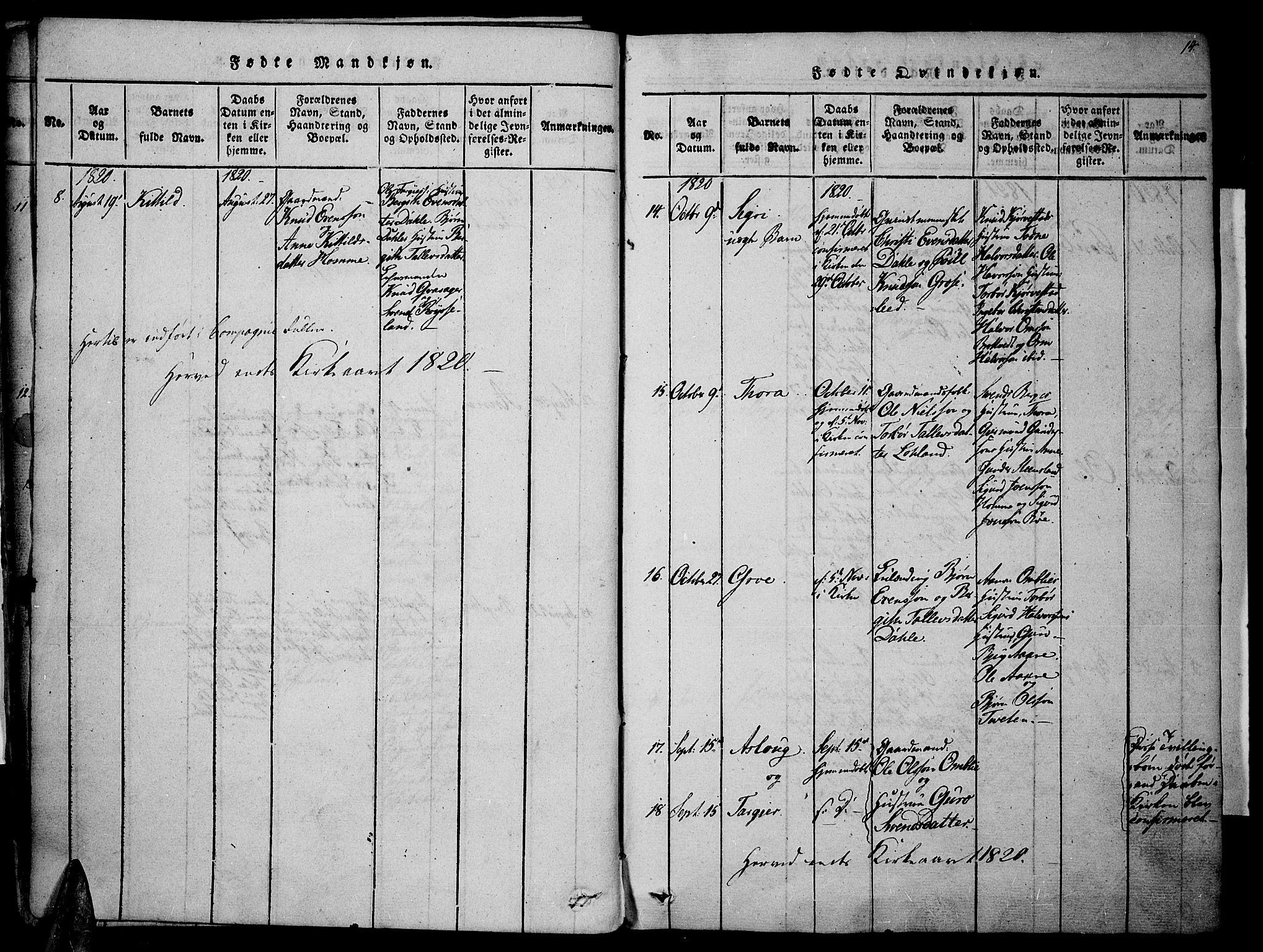 Valle sokneprestkontor, AV/SAK-1111-0044/F/Fa/Fac/L0005: Parish register (official) no. A 5 /1, 1816-1831, p. 14