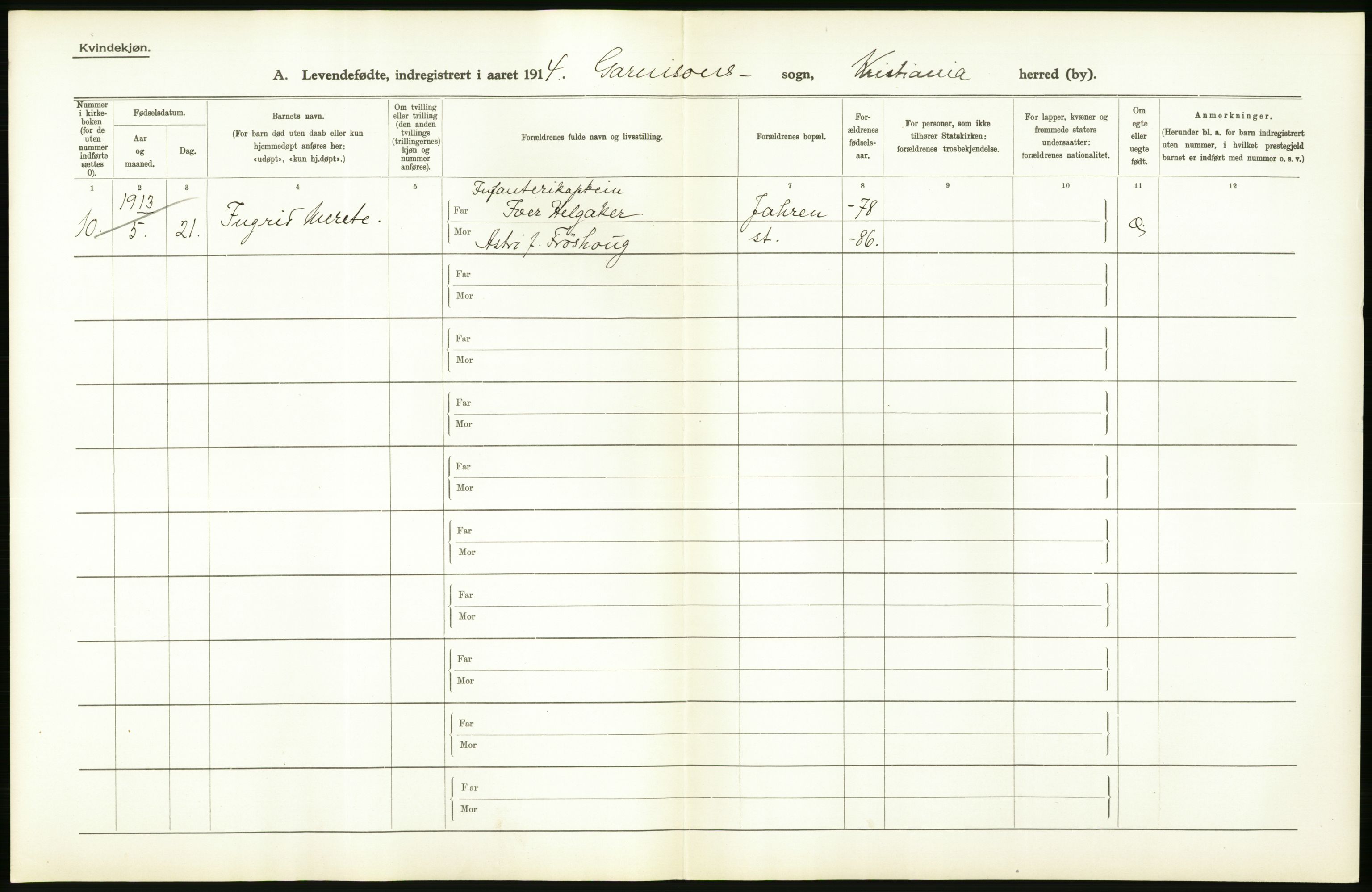 Statistisk sentralbyrå, Sosiodemografiske emner, Befolkning, AV/RA-S-2228/D/Df/Dfb/Dfbd/L0005: Kristiania: Levendefødte menn og kvinner., 1914, p. 466