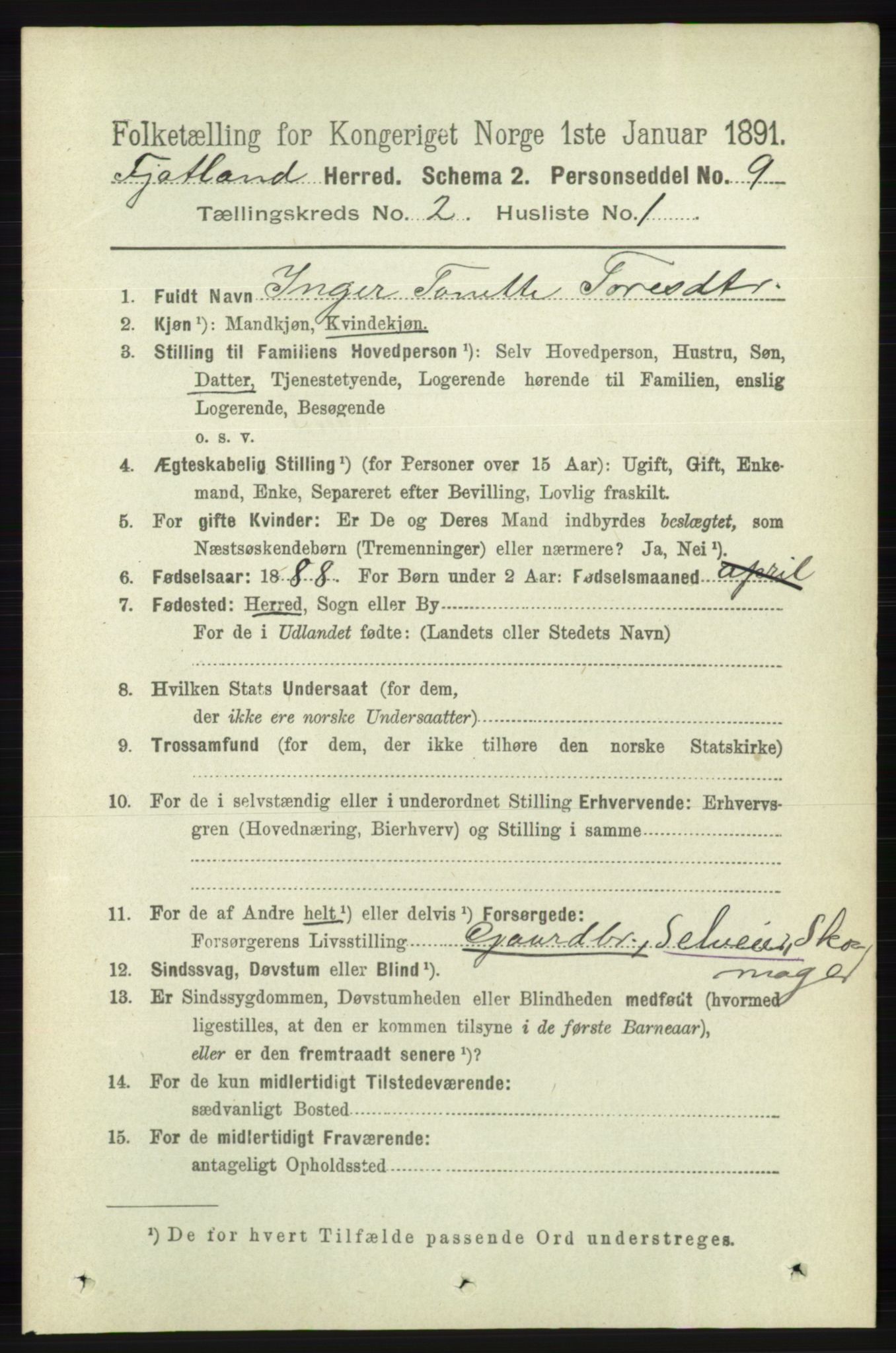 RA, 1891 census for 1036 Fjotland, 1891, p. 244