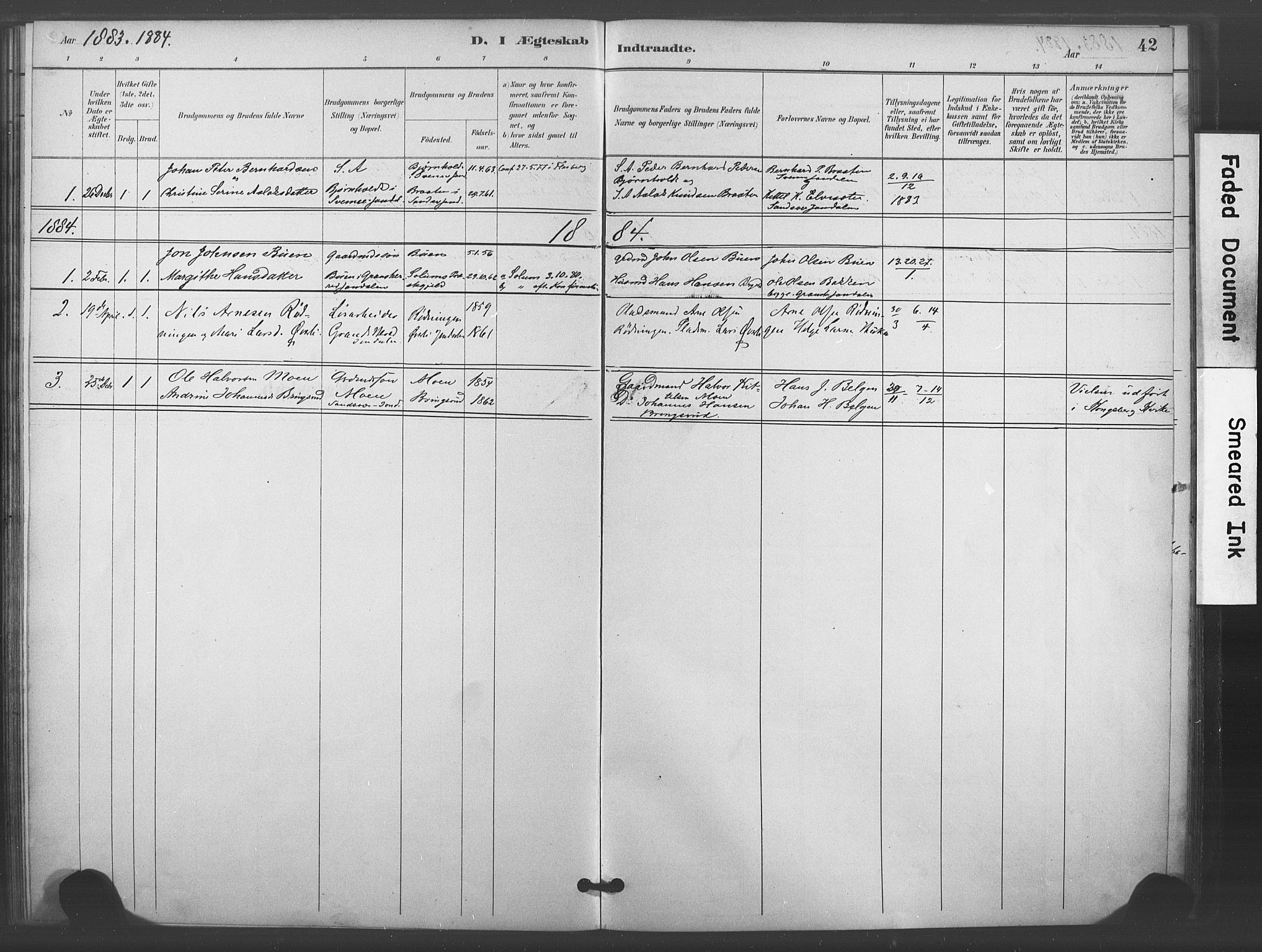 Kongsberg kirkebøker, AV/SAKO-A-22/F/Fc/L0001: Parish register (official) no. III 1, 1883-1897, p. 42