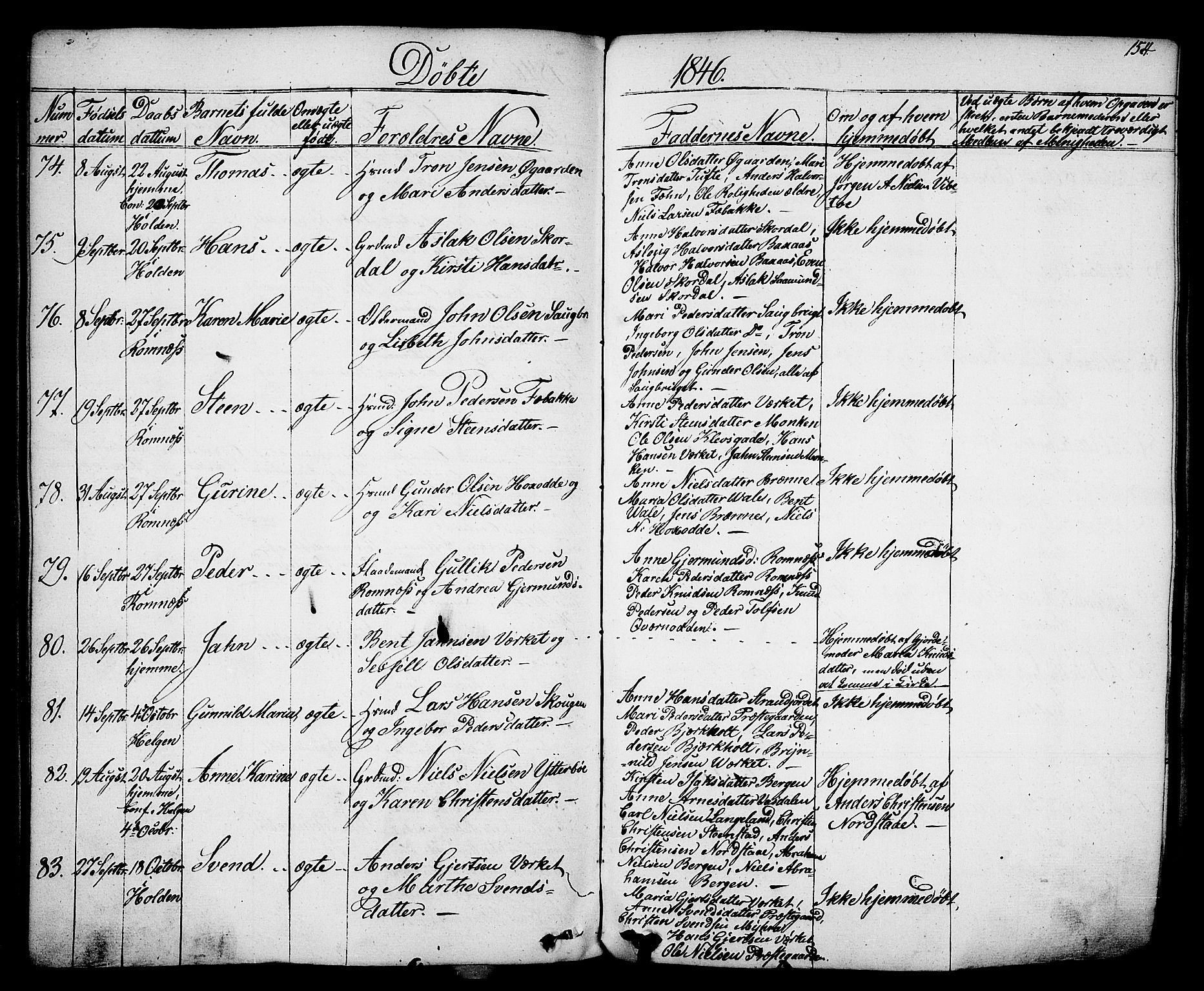 Holla kirkebøker, SAKO/A-272/F/Fa/L0004: Parish register (official) no. 4, 1830-1848, p. 154